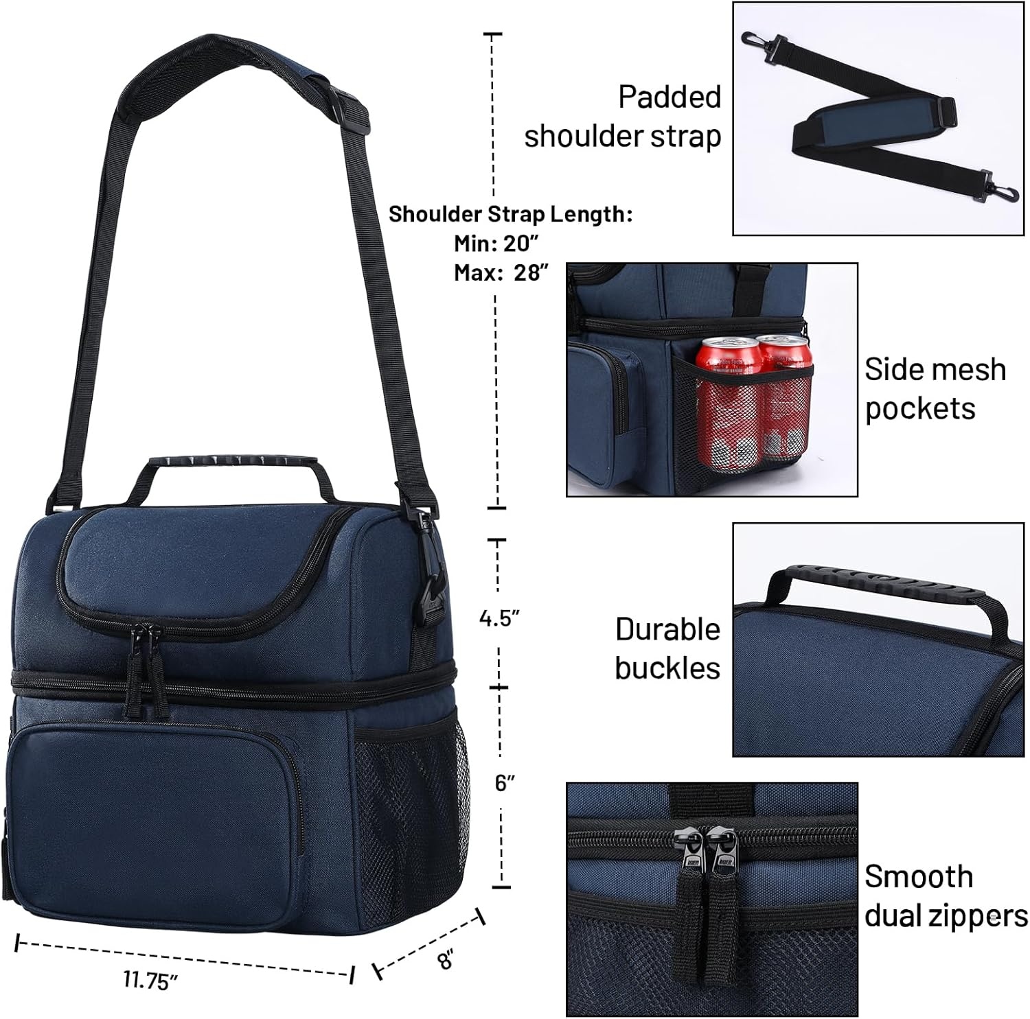 image:imageMIER Mens Insulated Lunch Box Dual Compartment Large Lunch Bag Coolers with Shoulder Strap for Men Women Adult to Office Work Picnic Travel Outdoors Army GreenDark Blue