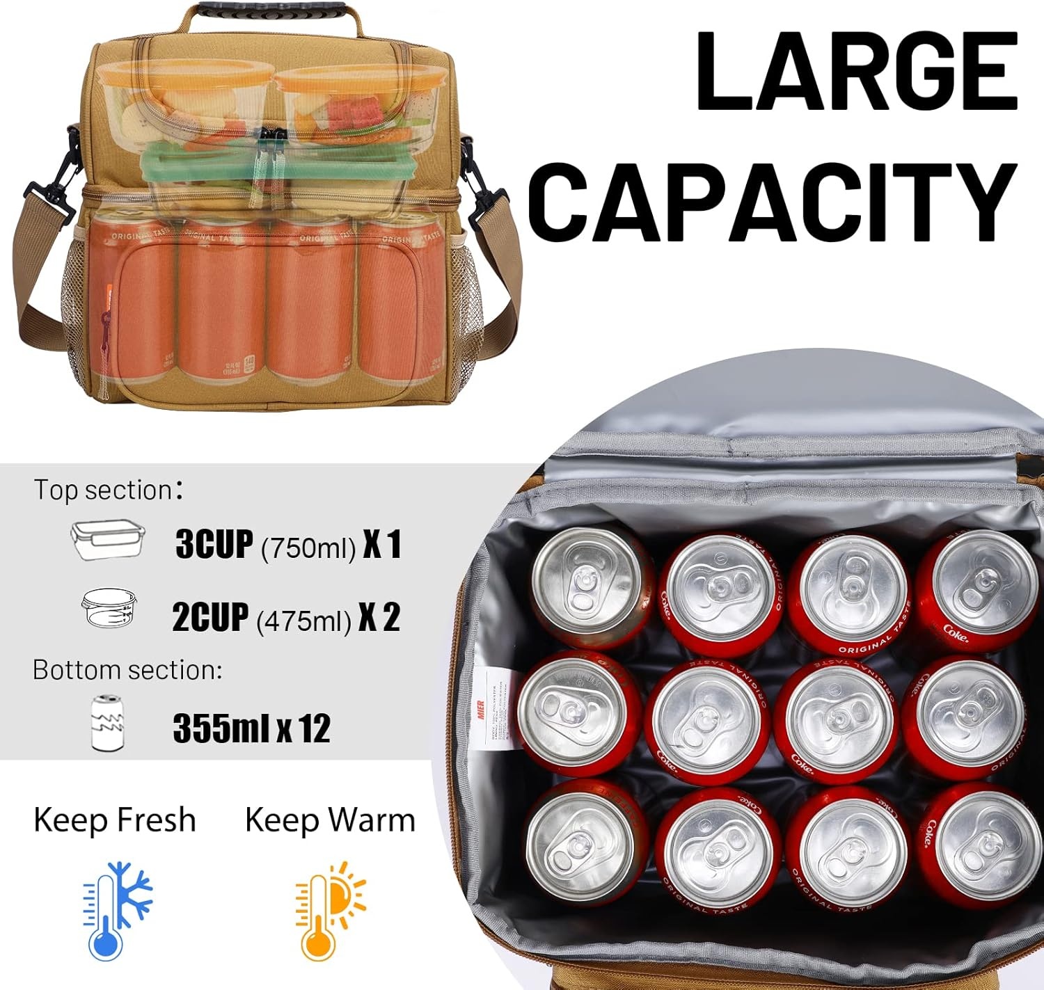 image:imageMIER Mens Insulated Lunch Box Dual Compartment Large Lunch Bag Coolers with Shoulder Strap for Men Women Adult to Office Work Picnic Travel Outdoors Army GreenKhaki