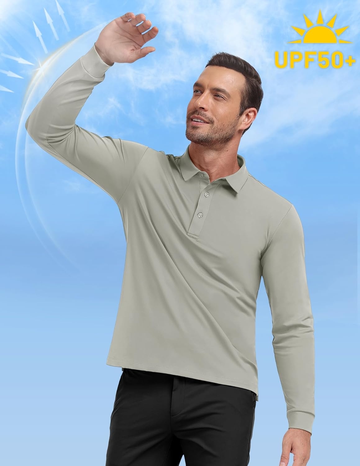 image:imageMIER Polo Shirts for Men Long Sleeve Dry Fit Golf Athletic Work Collared Shirt with UV SPF Sun Protection Inherent UPF 50Light Grey