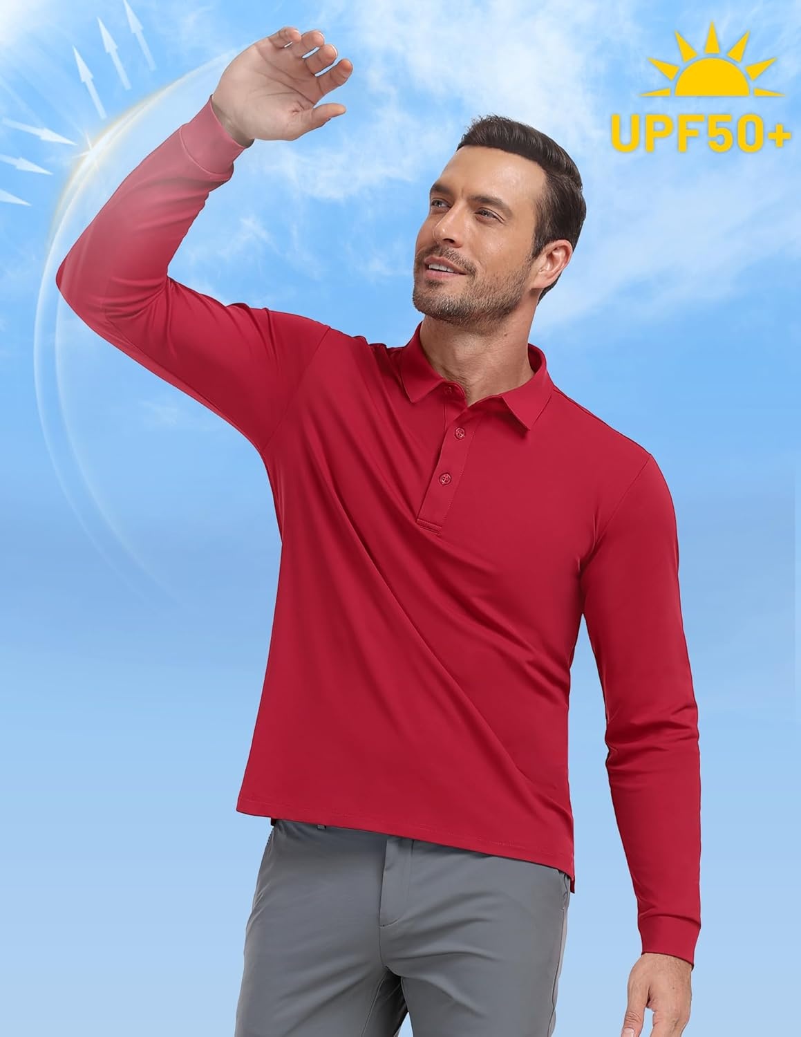 image:imageMIER Polo Shirts for Men Long Sleeve Dry Fit Golf Athletic Work Collared Shirt with UV SPF Sun Protection Inherent UPF 50Red