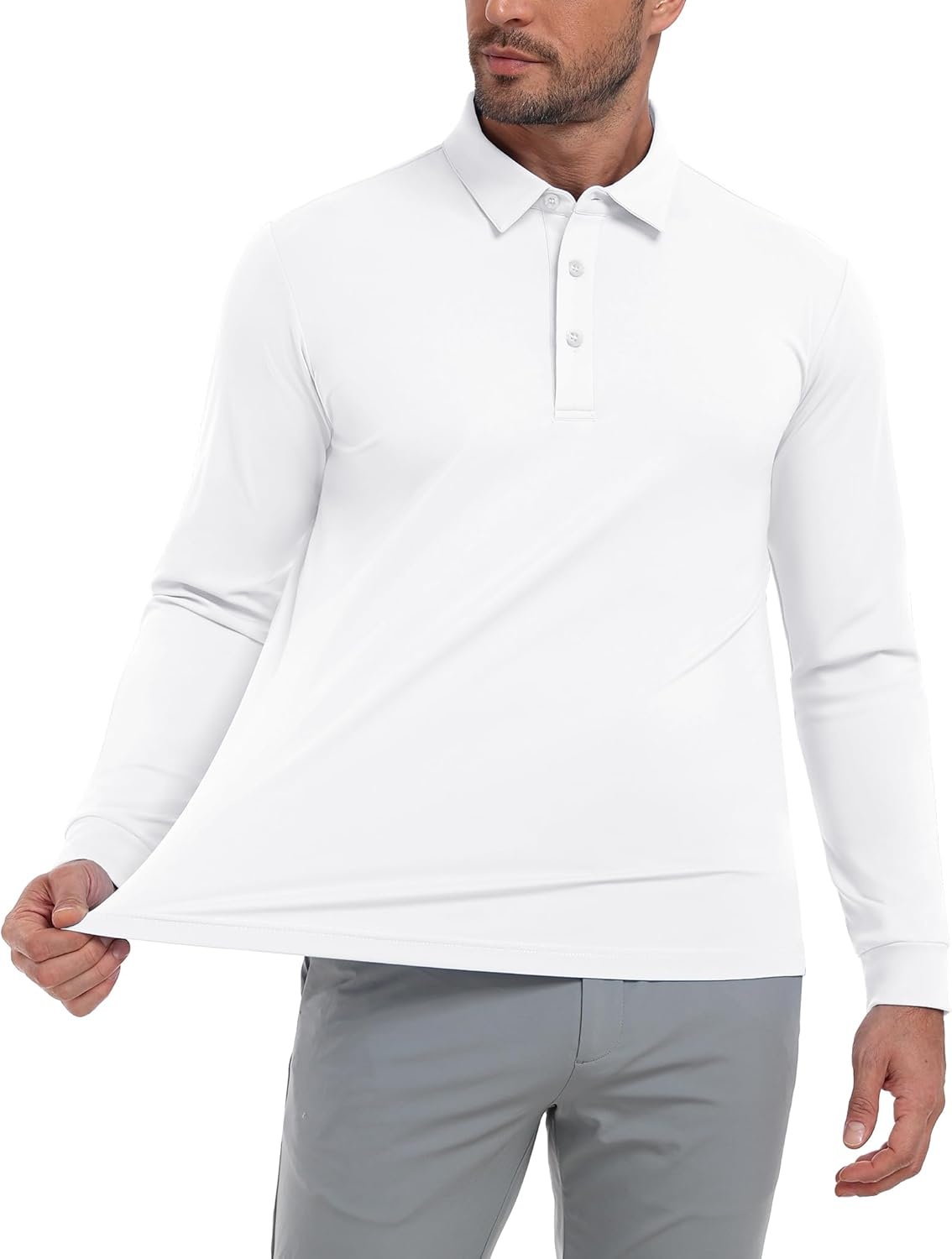 image:imageMIER Polo Shirts for Men Long Sleeve Dry Fit Golf Athletic Work Collared Shirt with UV SPF Sun Protection Inherent UPF 50White