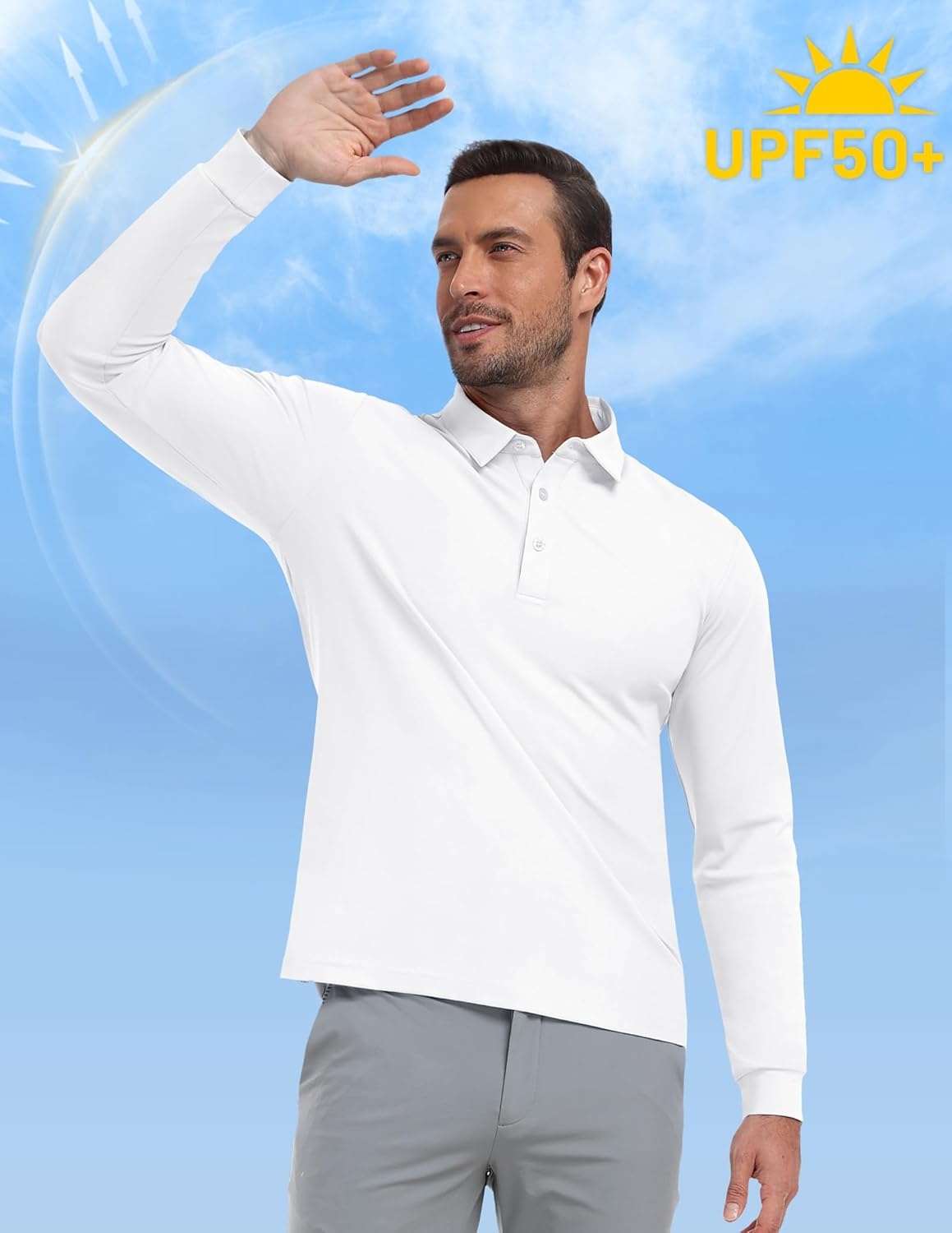 image:imageMIER Polo Shirts for Men Long Sleeve Dry Fit Golf Athletic Work Collared Shirt with UV SPF Sun Protection Inherent UPF 50White