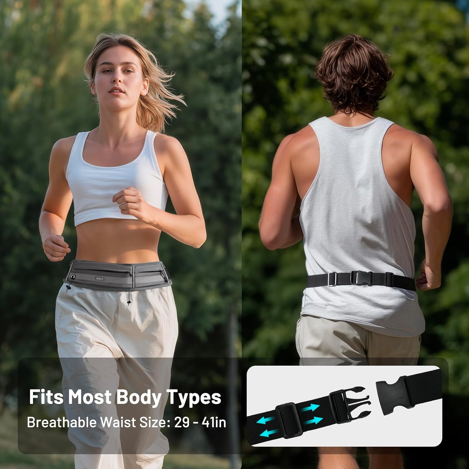 image:imageMIER Running Belt for Men Women Slim Fanny Pack Phone Holder Jogging Pouch with Marathon Bib Clip Runner Waist Pack for Walking Cycling for Keys Cards amp Essentials PinkGray