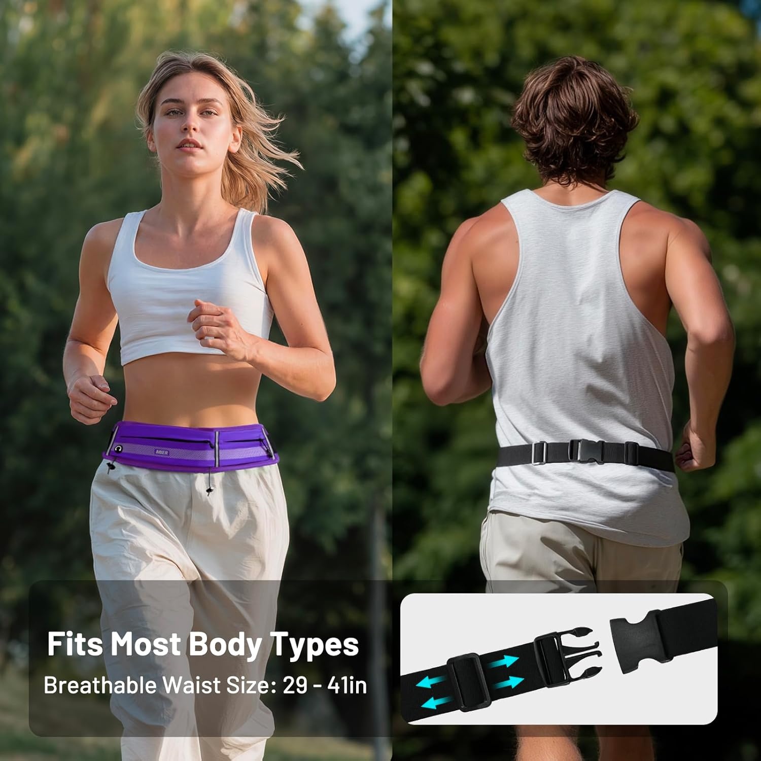 image:imageMIER Running Belt for Men Women Slim Fanny Pack Phone Holder Jogging Pouch with Marathon Bib Clip Runner Waist Pack for Walking Cycling for Keys Cards amp Essentials PinkPurple