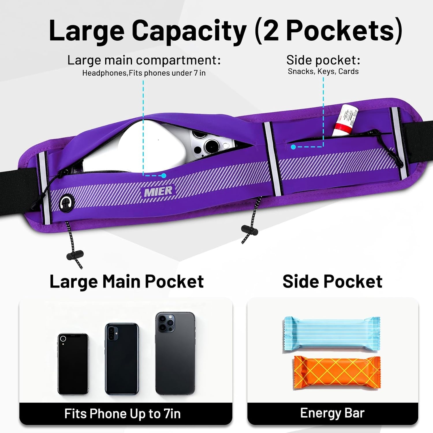 image:imageMIER Running Belt for Men Women Slim Fanny Pack Phone Holder Jogging Pouch with Marathon Bib Clip Runner Waist Pack for Walking Cycling for Keys Cards amp Essentials PinkPurple