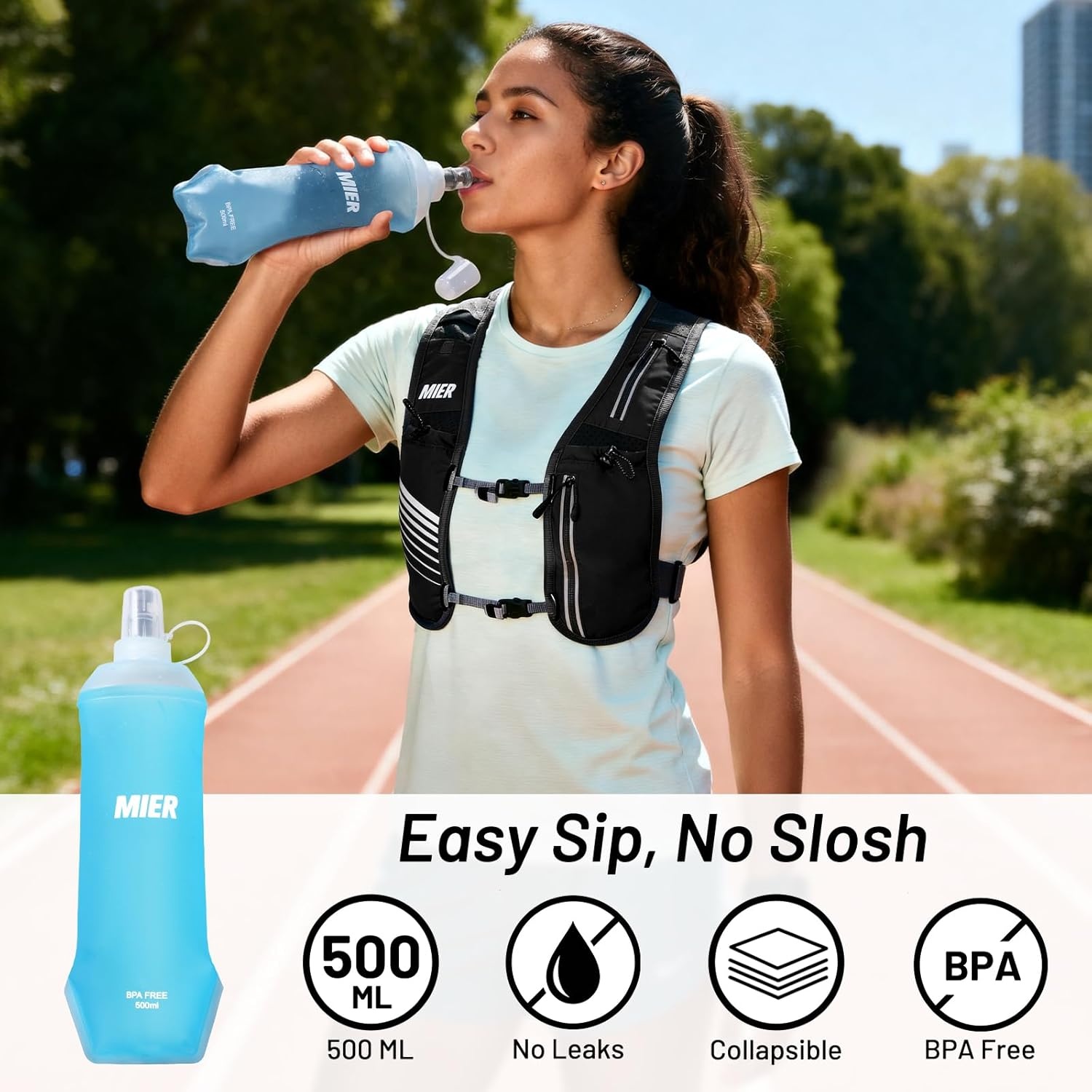 image:imageMIER Running Vest for Women Men Lightweight Breathable Hydration Vest with 500ml Soft Flask Reflective Hydration Backpack for Marathon Cycling Hiking JoggingBlack