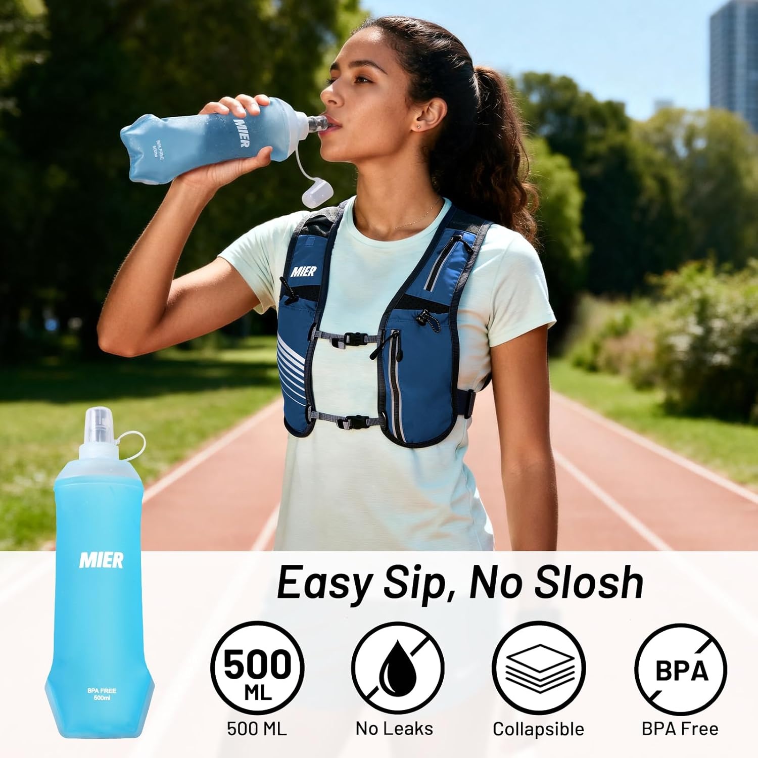 image:imageMIER Running Vest for Women Men Lightweight Breathable Hydration Vest with 500ml Soft Flask Reflective Hydration Backpack for Marathon Cycling Hiking JoggingBlue