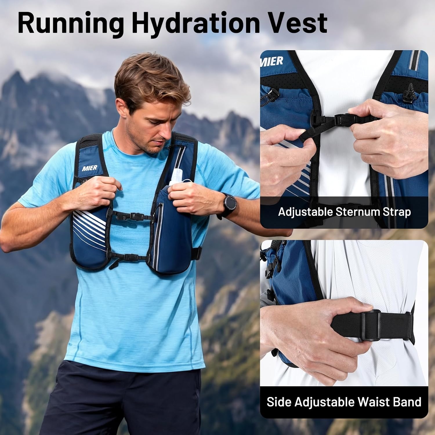 image:imageMIER Running Vest for Women Men Lightweight Breathable Hydration Vest with 500ml Soft Flask Reflective Hydration Backpack for Marathon Cycling Hiking JoggingBlue