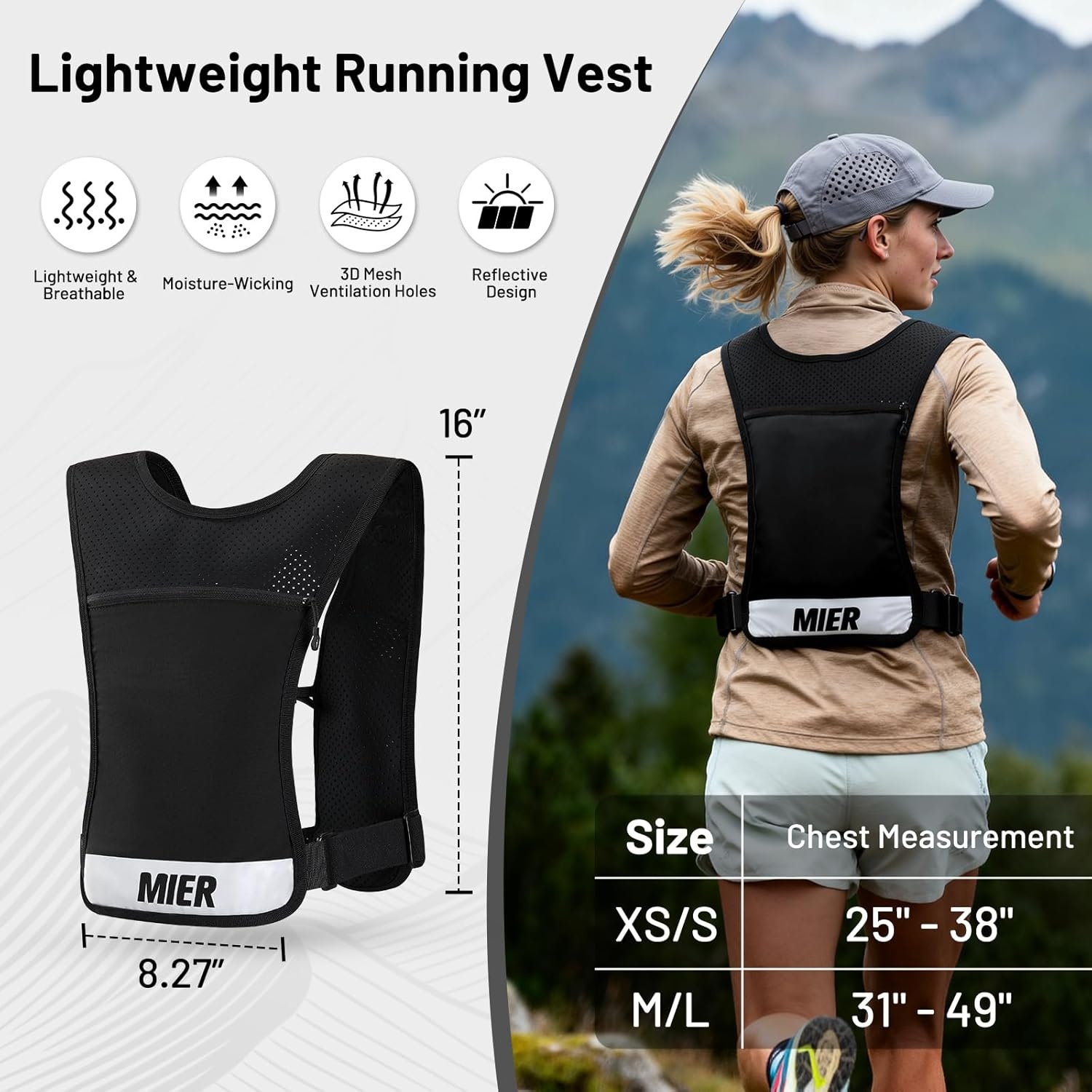image:imageMIER Running Vest for Women Men Lightweight Breathable Hydration Vest with 500ml Soft Flask Reflective Hydration Backpack for Marathon Cycling Hiking JoggingBlack