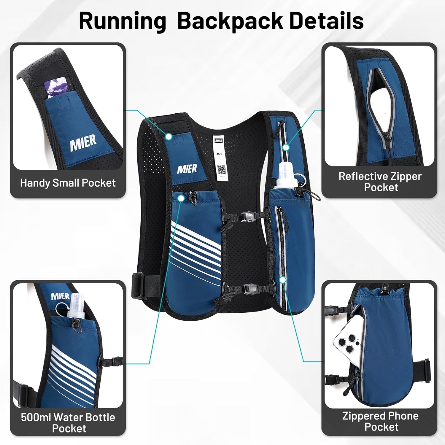 image:imageMIER Running Vest for Women Men Lightweight Breathable Hydration Vest with 500ml Soft Flask Reflective Hydration Backpack for Marathon Cycling Hiking JoggingBlue