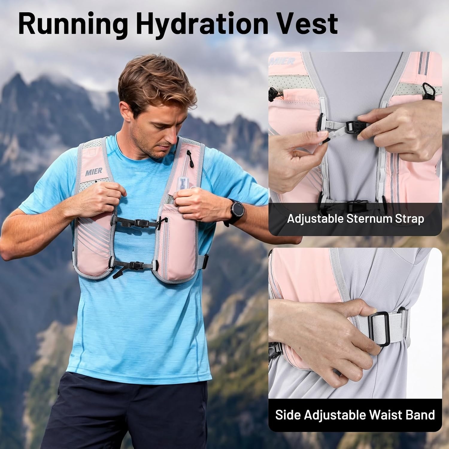 image:imageMIER Running Vest for Women Men Lightweight Breathable Hydration Vest with 500ml Soft Flask Reflective Hydration Backpack for Marathon Cycling Hiking JoggingPink