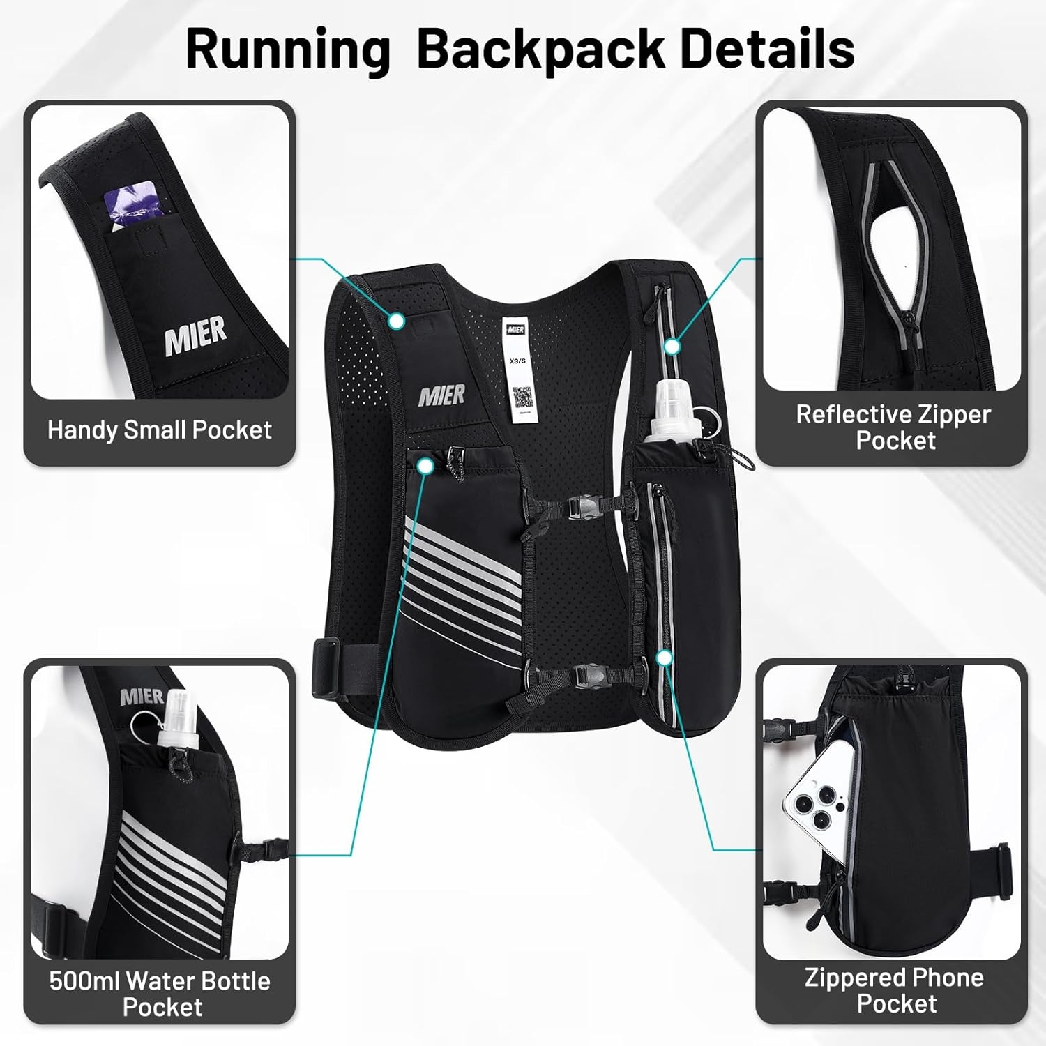 image:imageMIER Running Vest for Women Men Lightweight Breathable Hydration Vest with 500ml Soft Flask Reflective Hydration Backpack for Marathon Cycling Hiking JoggingBlack