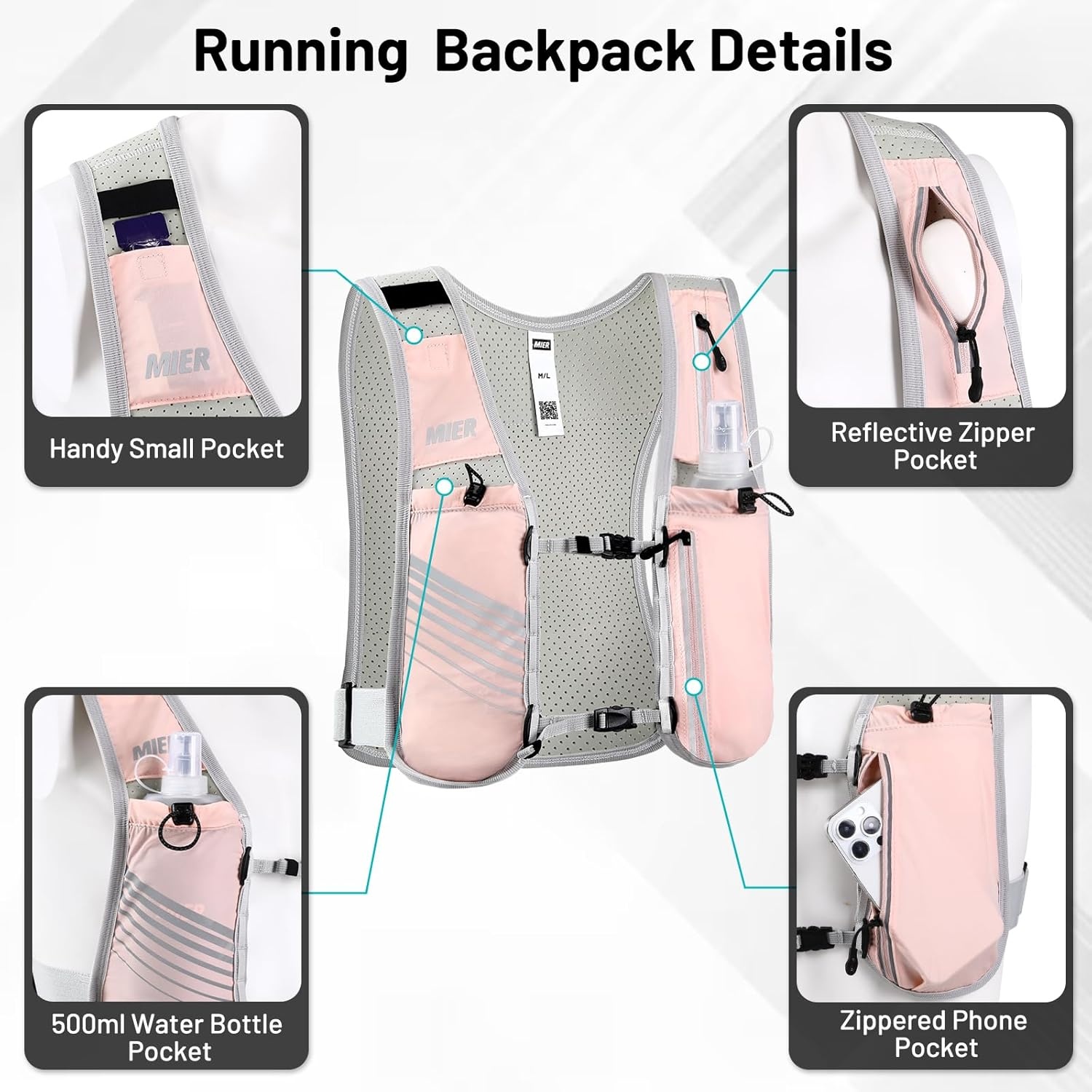 image:imageMIER Running Vest for Women Men Lightweight Breathable Hydration Vest with 500ml Soft Flask Reflective Hydration Backpack for Marathon Cycling Hiking JoggingPink
