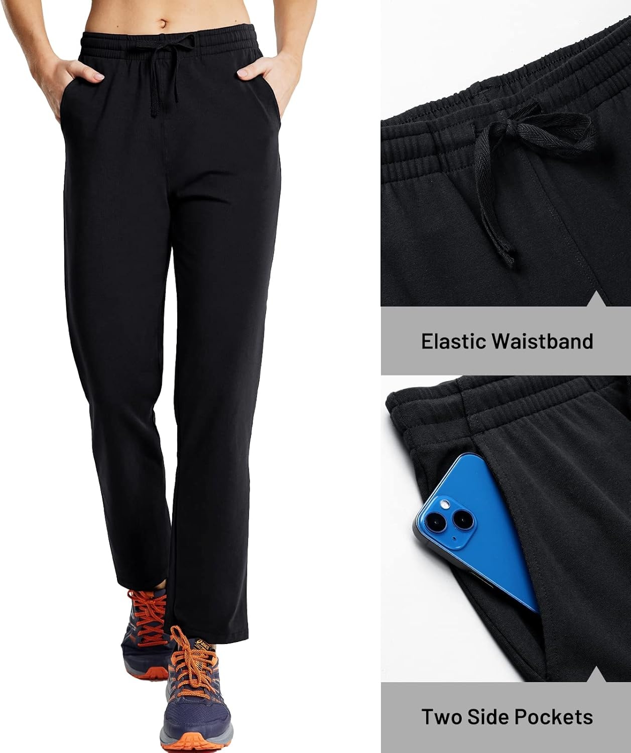 image:imageMIER Womens Cotton Sweatpants with Pockets Open Bottom Lounge Casual Drawstring Pants Loose Sweat Pants for WomenBlack