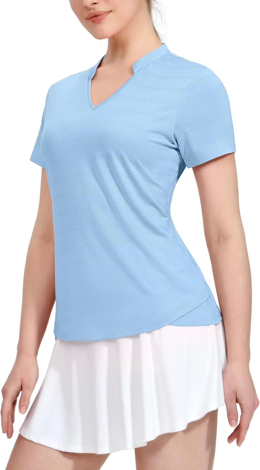 image:imageMIER Womens Golf Polo Shirts Collarless Short Sleeve Tennis Running TShirts VNeck Cooling Summer TeeLight Blue