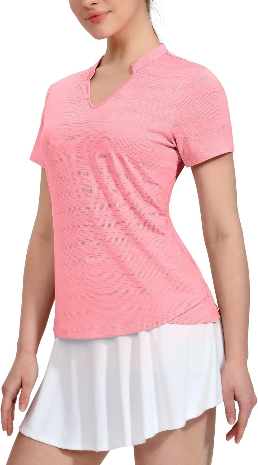 image:imageMIER Womens Golf Polo Shirts Collarless Short Sleeve Tennis Running TShirts VNeck Cooling Summer TeePeachy Pink