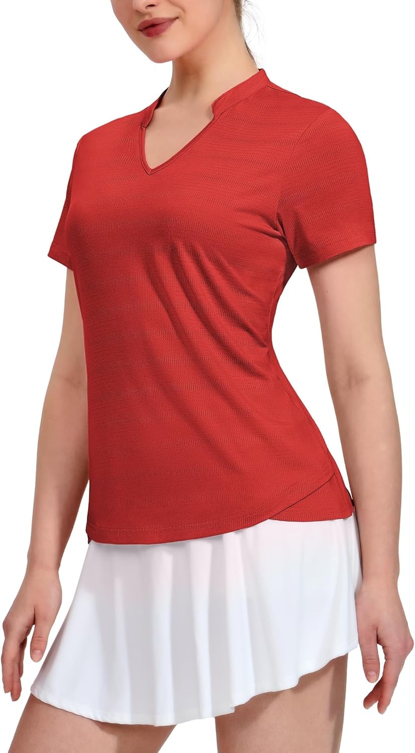 image:imageMIER Womens Golf Polo Shirts Collarless Short Sleeve Tennis Running TShirts VNeck Cooling Summer TeeRed
