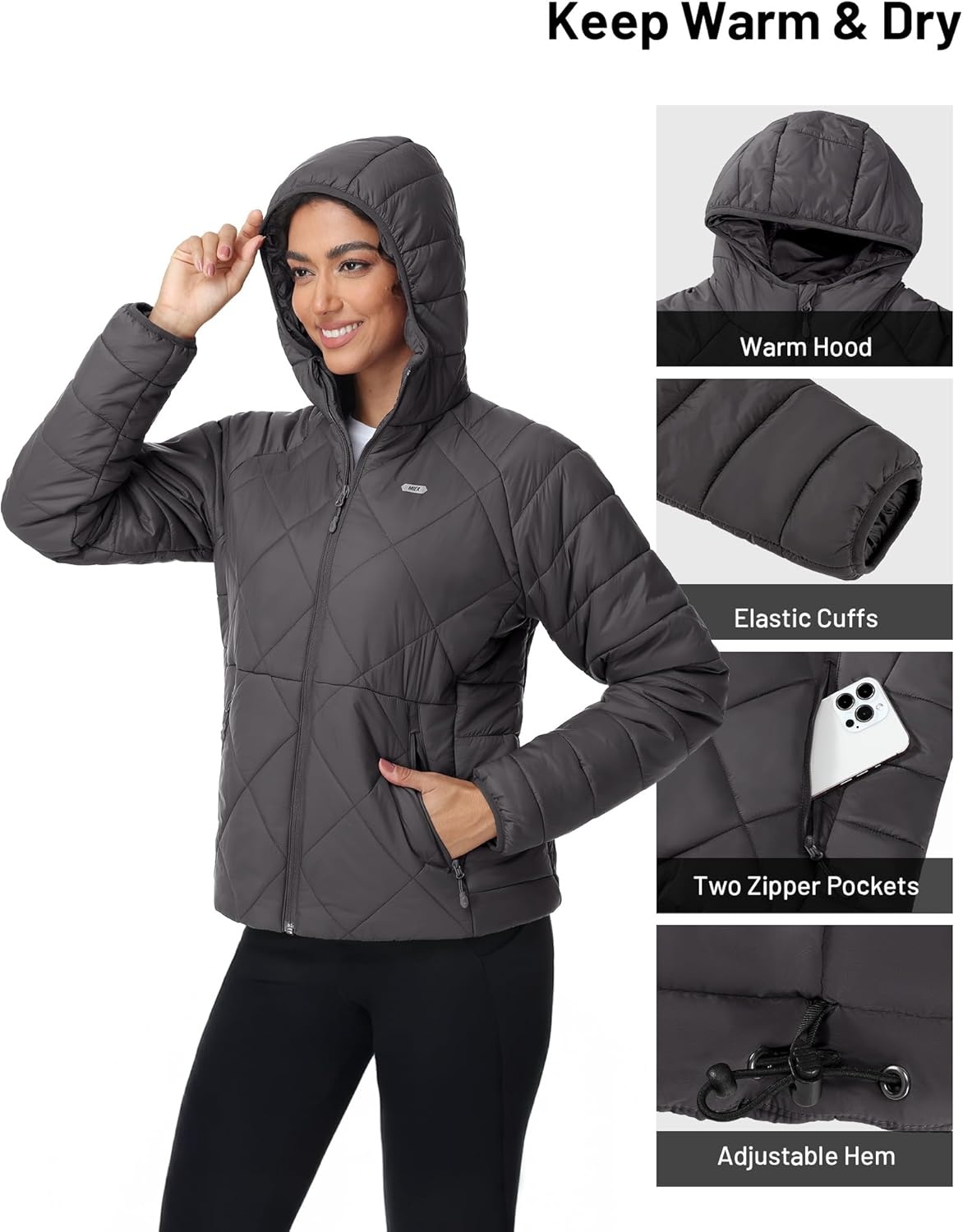 image:imageMIER Womens Puffer Jackets Lightweight Packable Quilted Winter Coat with HoodWater Resistant Warm Puffy Jacket for TravelDark Grey