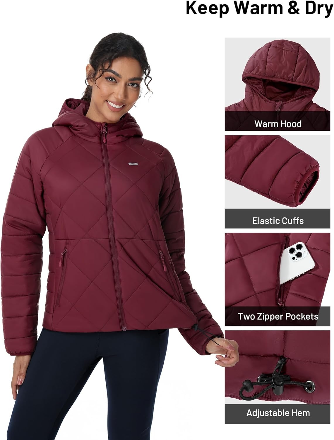 image:imageMIER Womens Puffer Jackets Lightweight Packable Quilted Winter Coat with HoodWater Resistant Warm Puffy Jacket for TravelWine