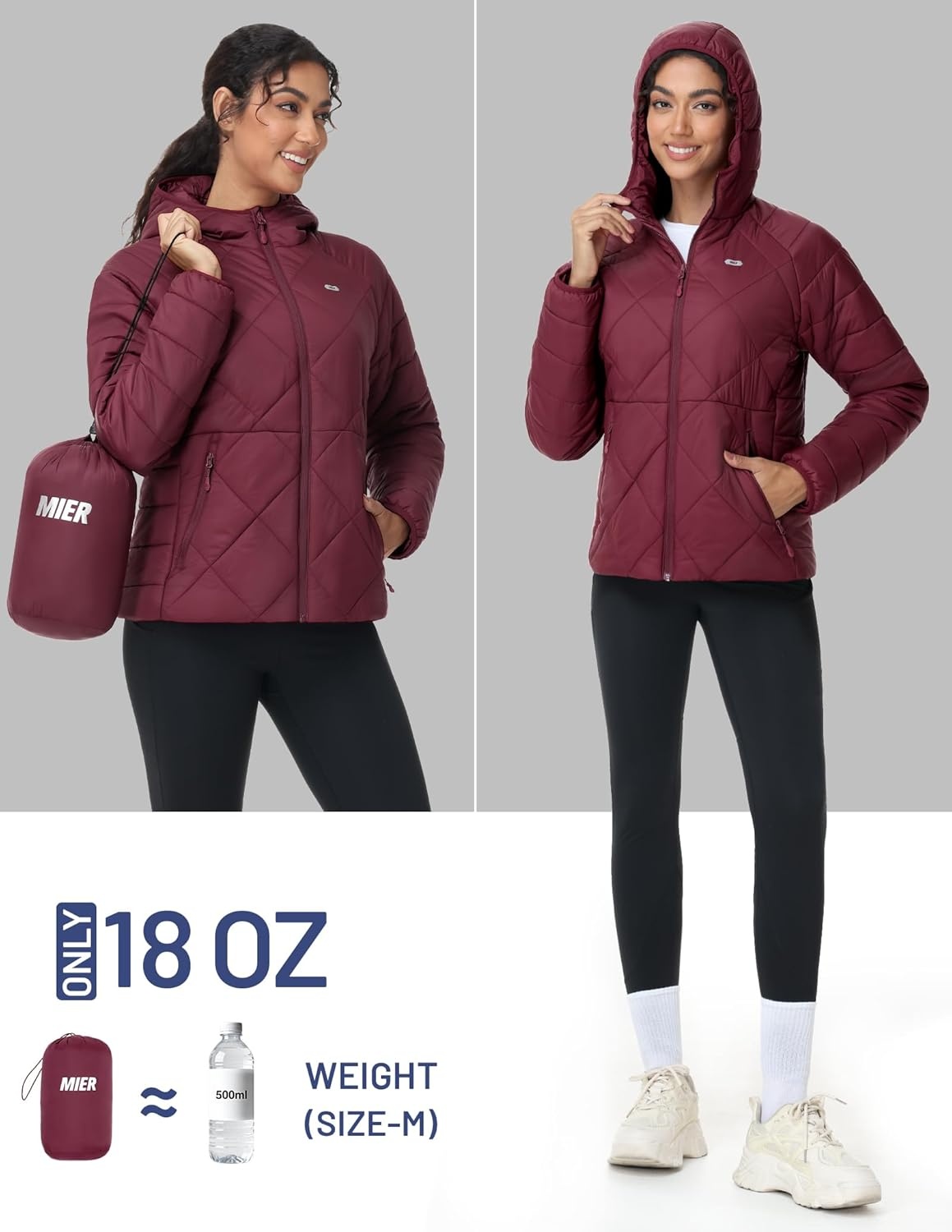 image:imageMIER Womens Puffer Jackets Lightweight Packable Quilted Winter Coat with HoodWater Resistant Warm Puffy Jacket for TravelWine