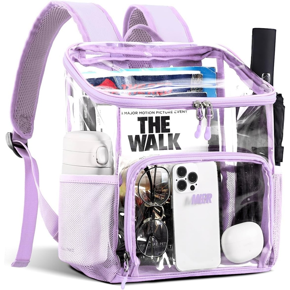 image:imageMIER Clear Backpack for Stadium Events 12 Inch Small Transparent Bookbag Heavy Duty See Through Backpacks for School Clear Bag for Boys Girls Adult BlackPurple
