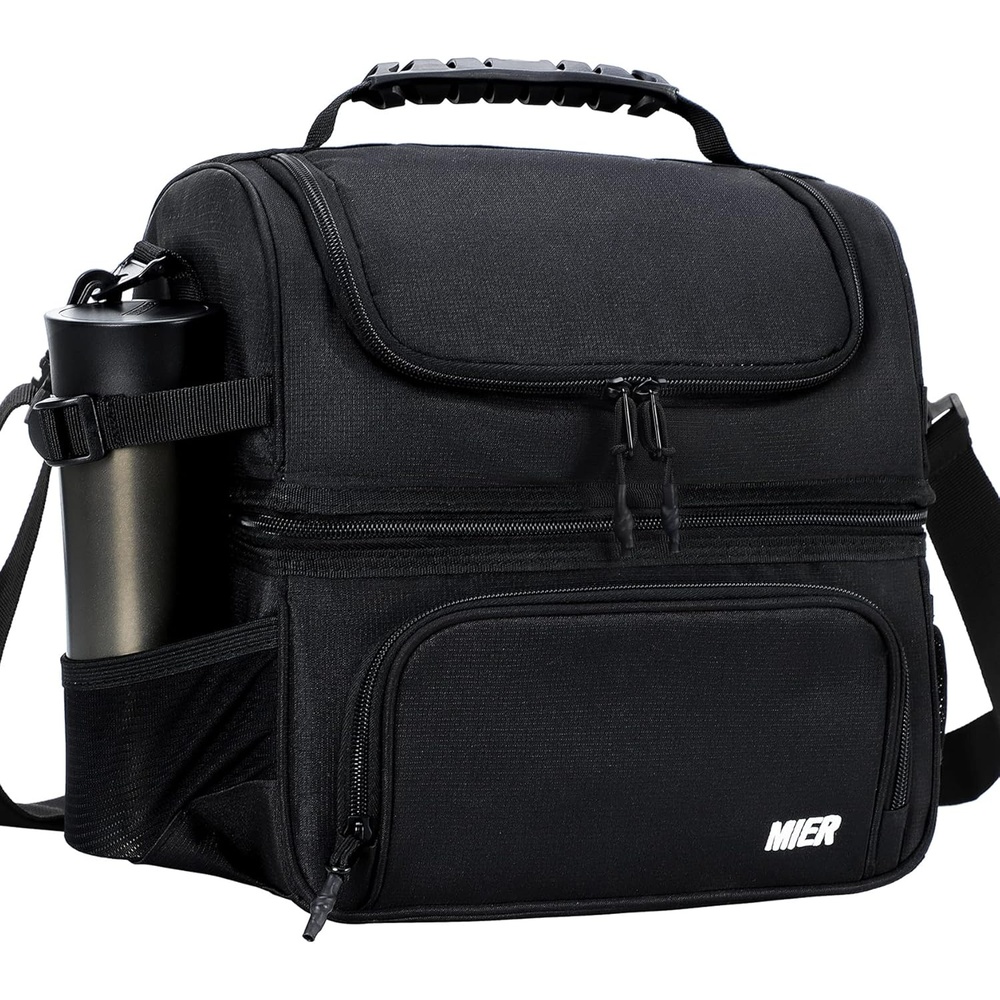 image:imageMIER Dual Compartment Lunch Bag Tote with Shoulder Strap for Men and Women Insulated Leakproof Cooler Bag BlackRedBlack