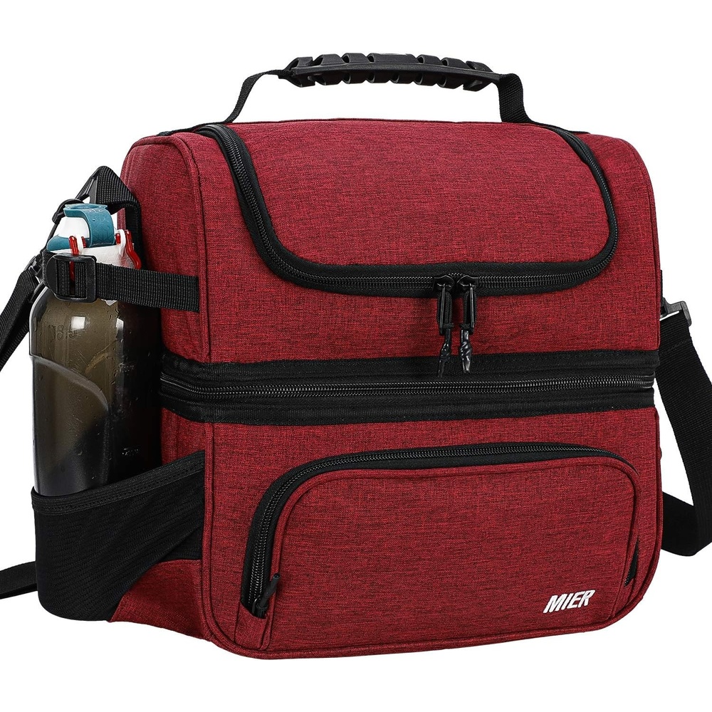 image:imageMIER Dual Compartment Lunch Bag Tote with Shoulder Strap for Men and Women Insulated Leakproof Cooler Bag BlackRedDark Red