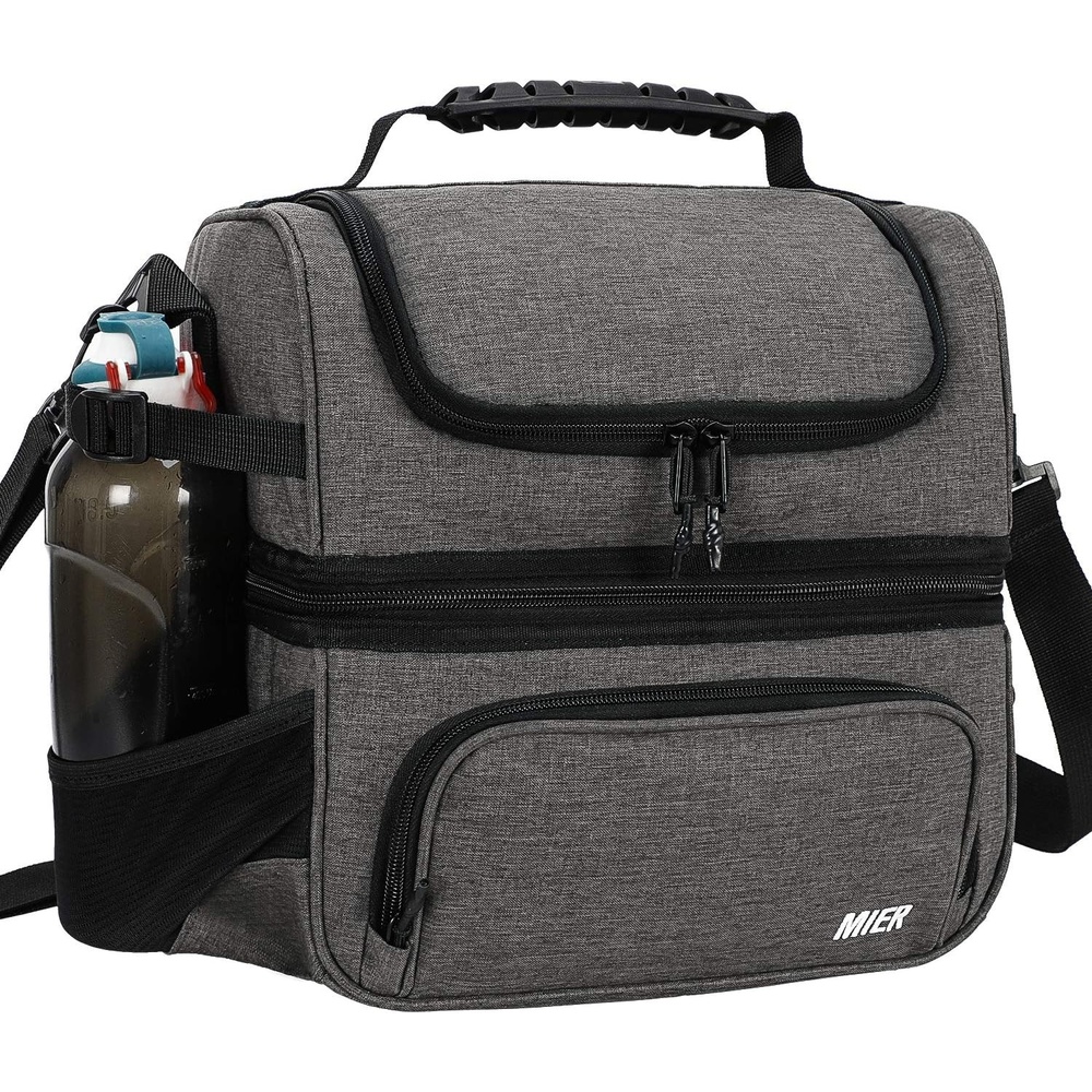 image:imageMIER Dual Compartment Lunch Bag Tote with Shoulder Strap for Men and Women Insulated Leakproof Cooler Bag BlackRedGray