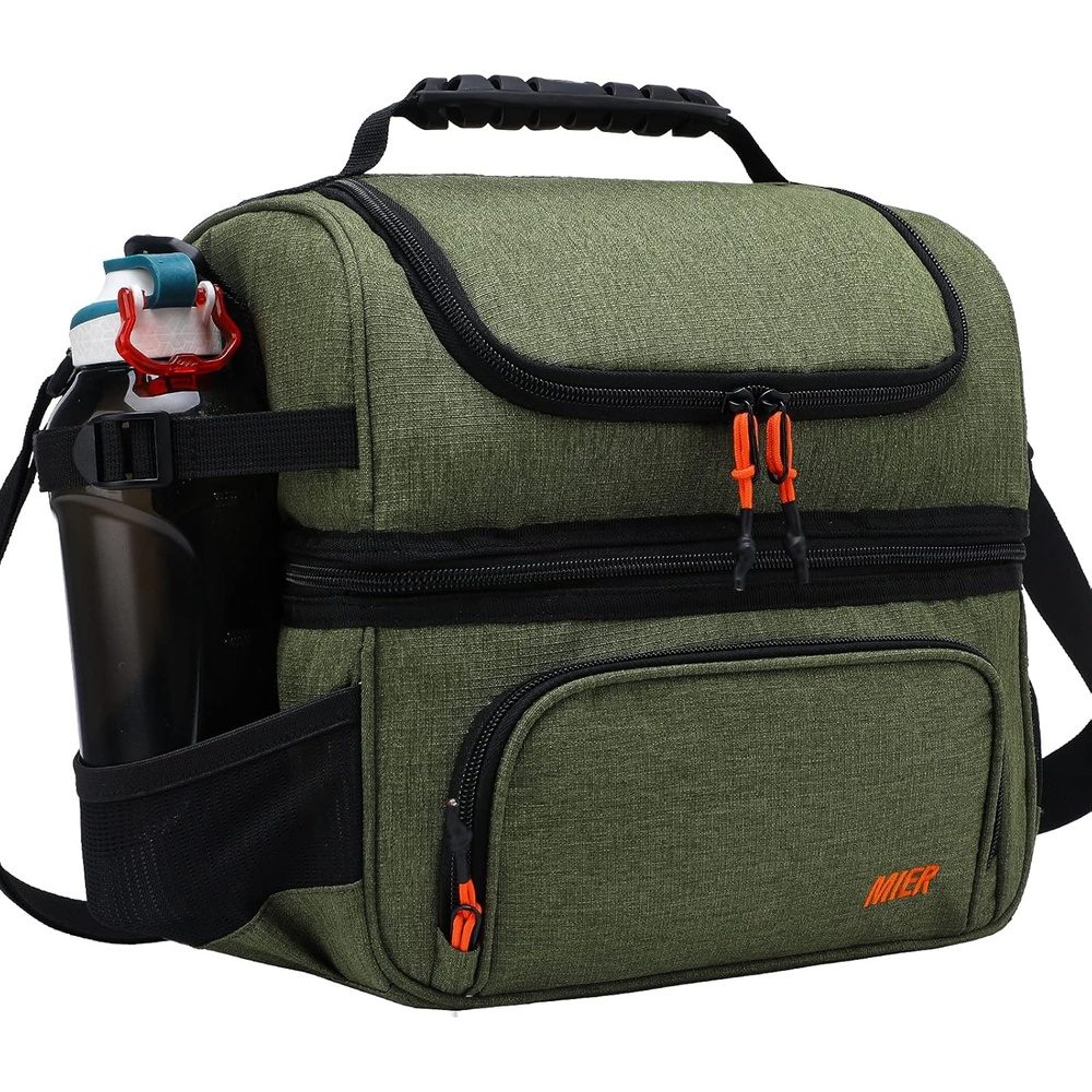 image:imageMIER Dual Compartment Lunch Bag Tote with Shoulder Strap for Men and Women Insulated Leakproof Cooler Bag BlackRedGreen