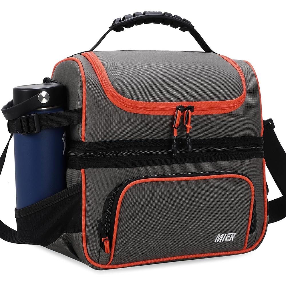 image:imageMIER Dual Compartment Lunch Bag Tote with Shoulder Strap for Men and Women Insulated Leakproof Cooler Bag BlackRedGreyOrange