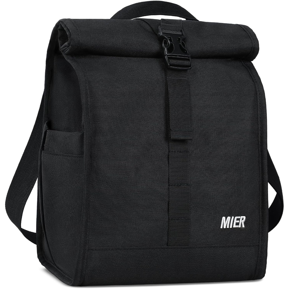image:imageMIER Insulated Lunch Bag Roll Top Lunchbox for Women Men Adults Foldable Rolltop Lunch Tote with Shoulder Strap for Work Office Picnic Water Bottle Holder RedBlack