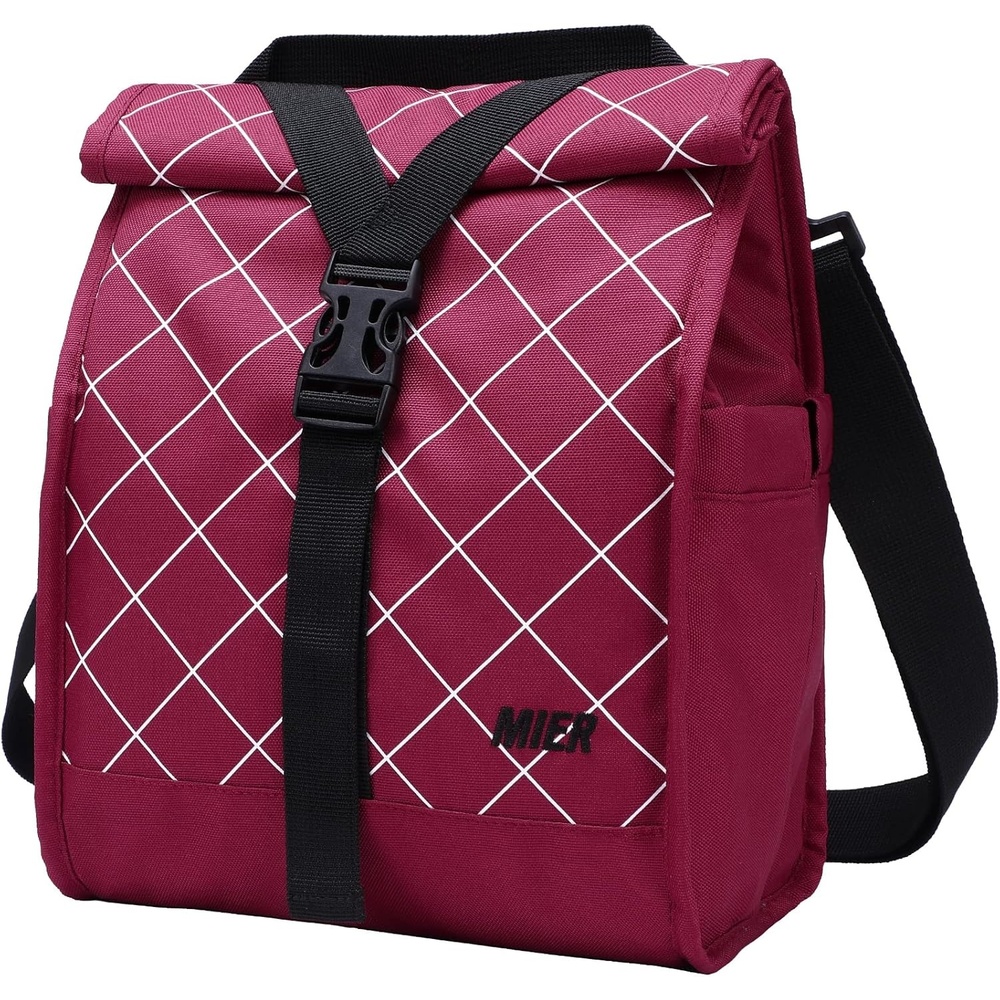 image:imageMIER Insulated Lunch Bag Roll Top Lunchbox for Women Men Adults Foldable Rolltop Lunch Tote with Shoulder Strap for Work Office Picnic Water Bottle Holder RedRed