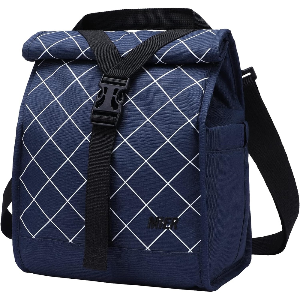 image:imageMIER Insulated Lunch Bag Roll Top Lunchbox for Women Men Adults Foldable Rolltop Lunch Tote with Shoulder Strap for Work Office Picnic Water Bottle Holder RedBlue