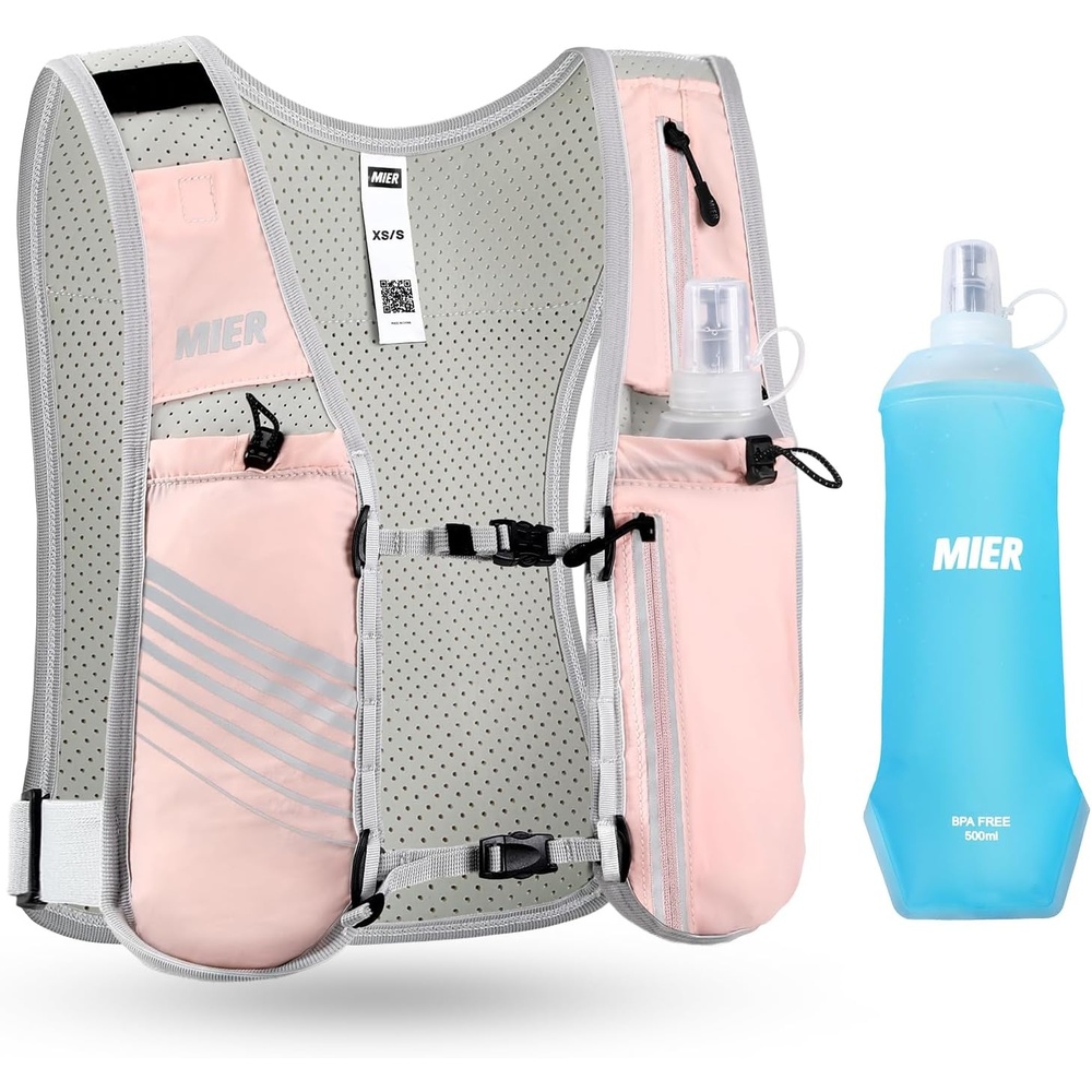 image:imageMIER Running Vest for Women Men Lightweight Breathable Hydration Vest with 500ml Soft Flask Reflective Hydration Backpack for Marathon Cycling Hiking JoggingPink