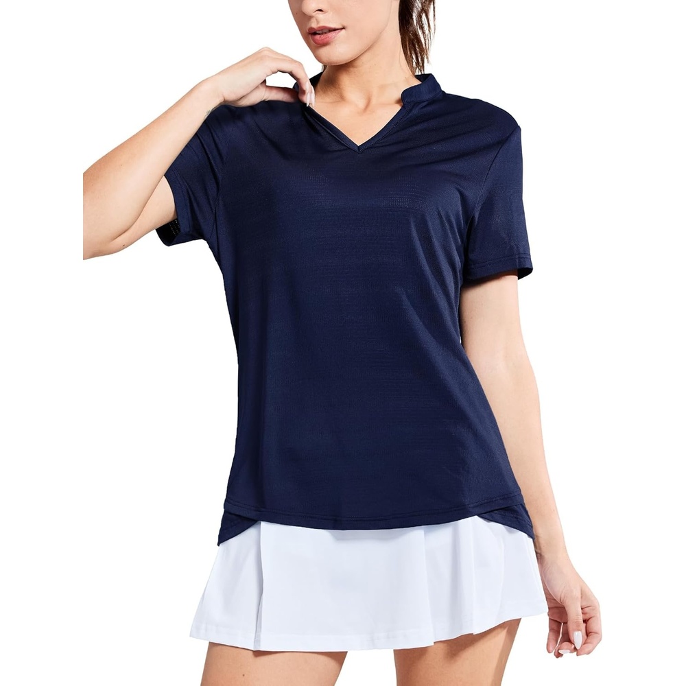 image:imageMIER Womens Golf Polo Shirts Collarless Short Sleeve Tennis Running TShirts VNeck Cooling Summer TeeNavy Blue