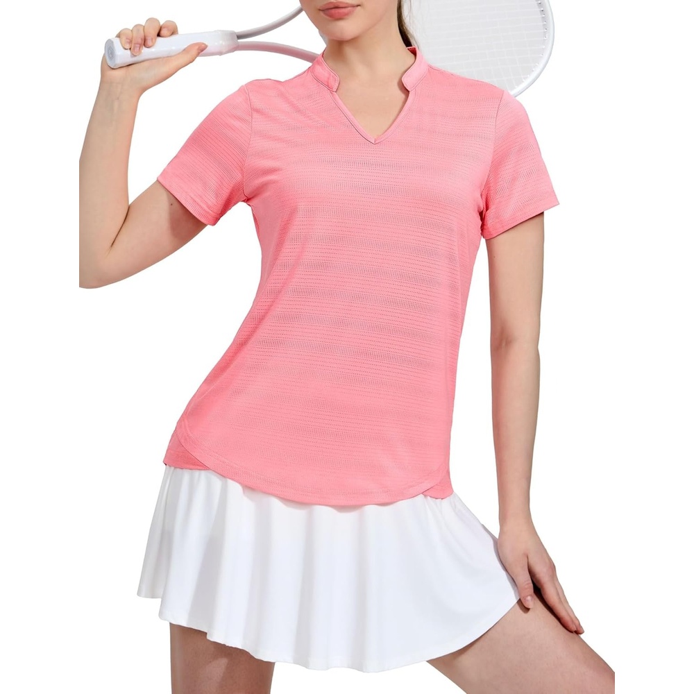 image:imageMIER Womens Golf Polo Shirts Collarless Short Sleeve Tennis Running TShirts VNeck Cooling Summer TeePeachy Pink