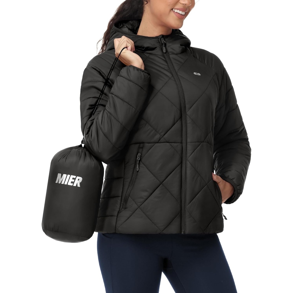 image:imageMIER Womens Puffer Jackets Lightweight Packable Quilted Winter Coat with HoodWater Resistant Warm Puffy Jacket for TravelBlack