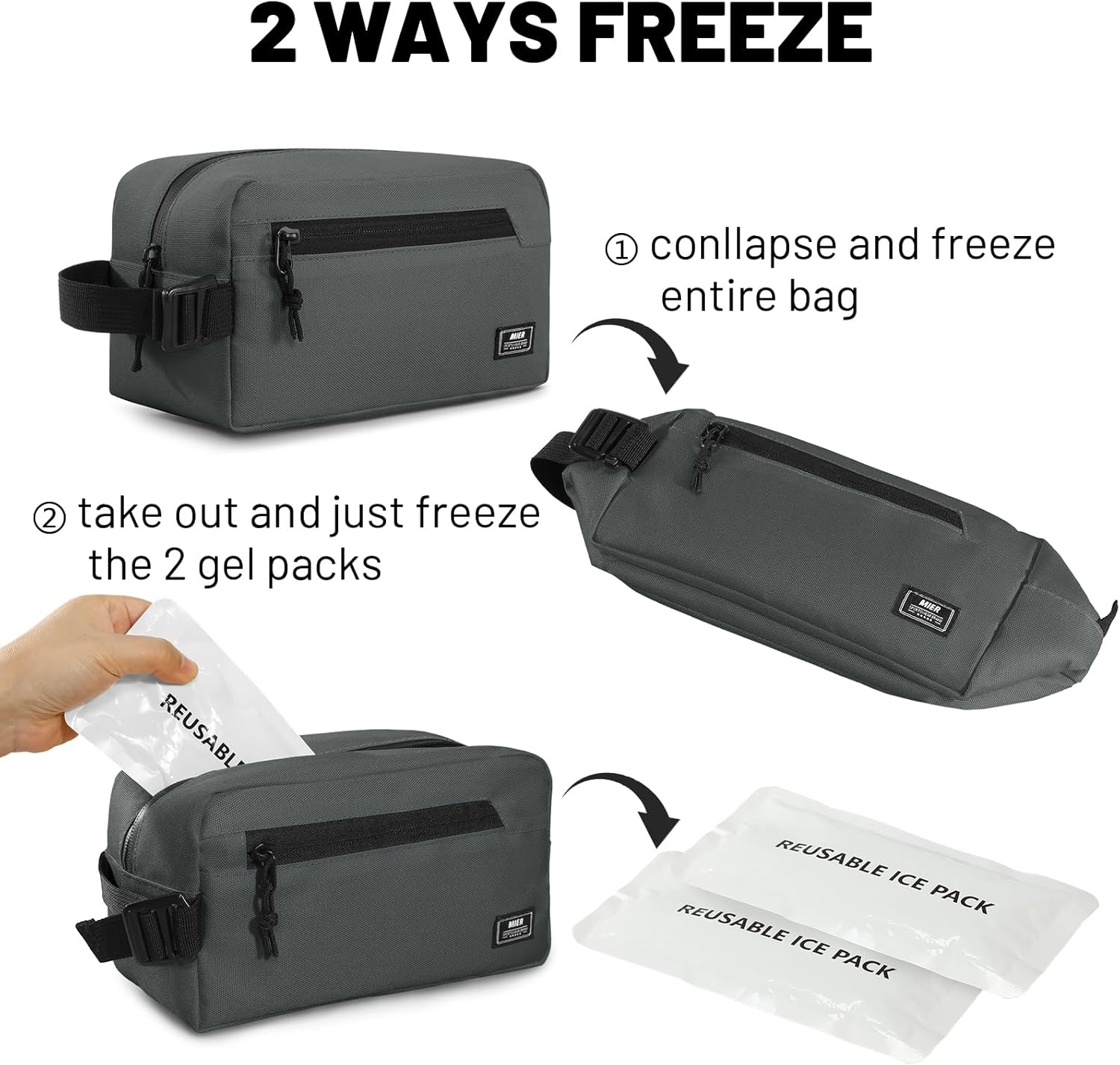 image:imageMIER Freezable Snack Bags Small Frozen Mini Cooler Lunch Bag Freezer Insulated Pouch for Kids Adults Work School Travel Onthego BlueBlackGray