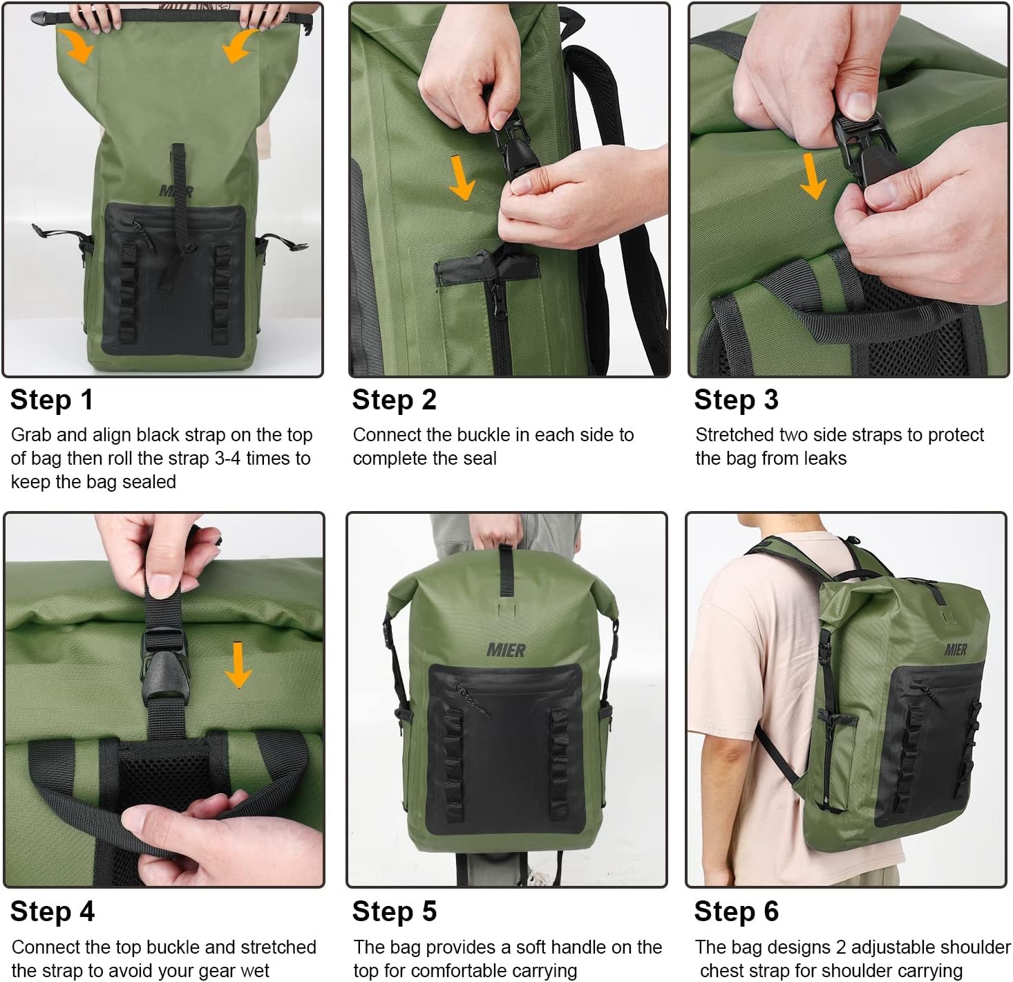 image:imageMIER Dry Bag Waterproof Backpack 30L Dry Sack Heavy Duty RollTop Closure for Kayaking Beach Boating Swimming SurfingArmy GreenBlack