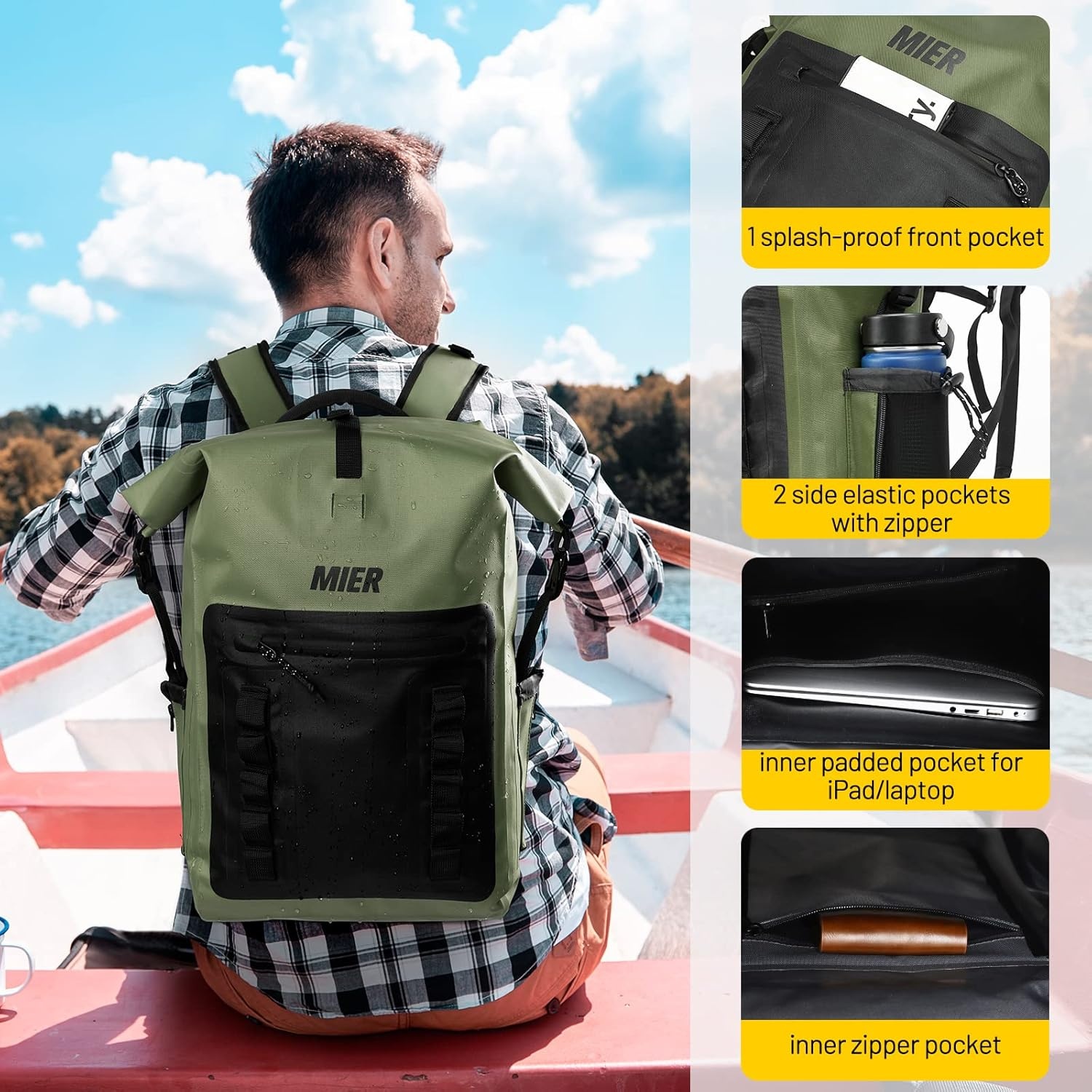 image:imageMIER Dry Bag Waterproof Backpack 30L Dry Sack Heavy Duty RollTop Closure for Kayaking Beach Boating Swimming SurfingArmy GreenBlack