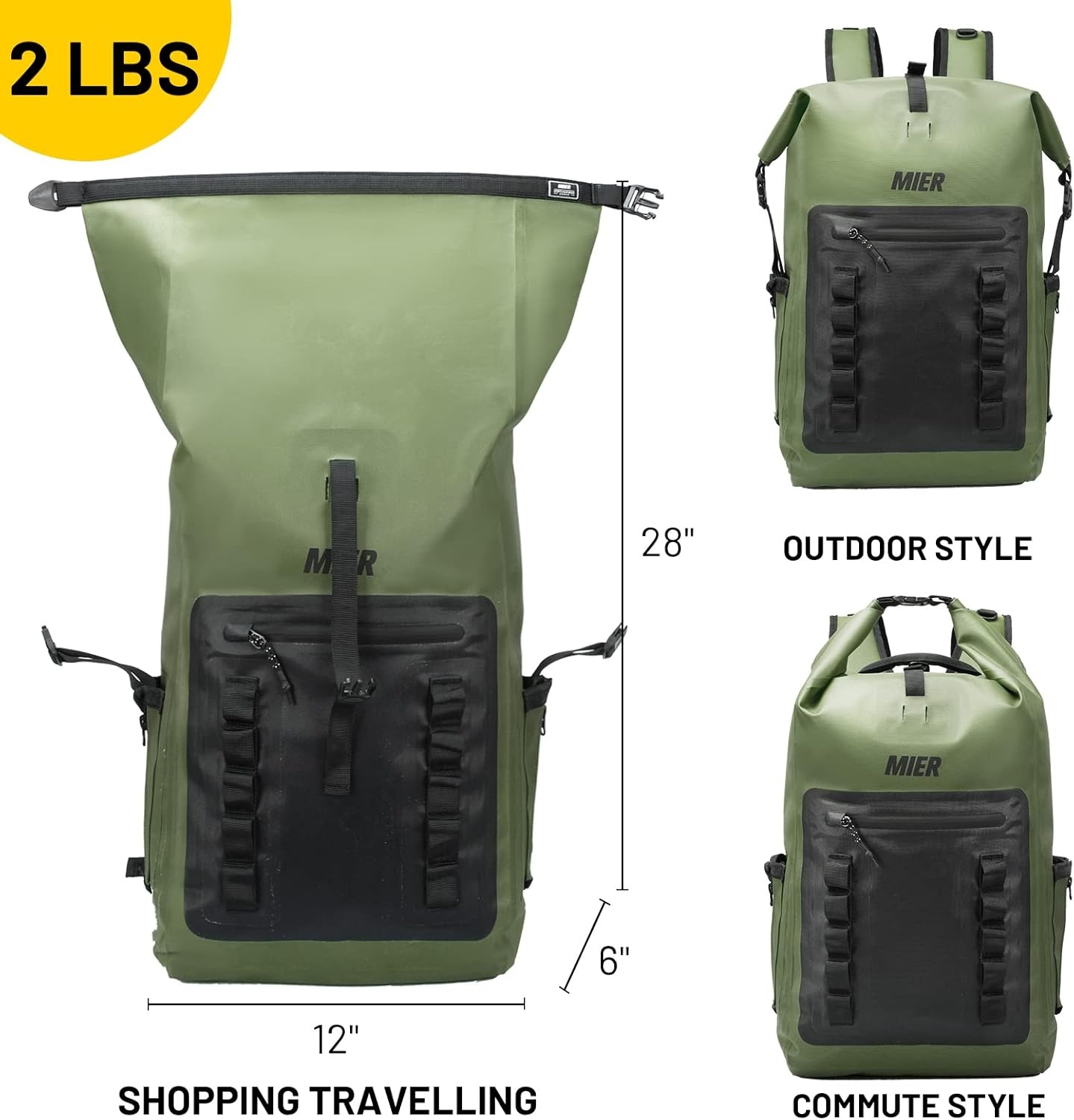 image:imageMIER Dry Bag Waterproof Backpack 30L Dry Sack Heavy Duty RollTop Closure for Kayaking Beach Boating Swimming SurfingArmy GreenBlack