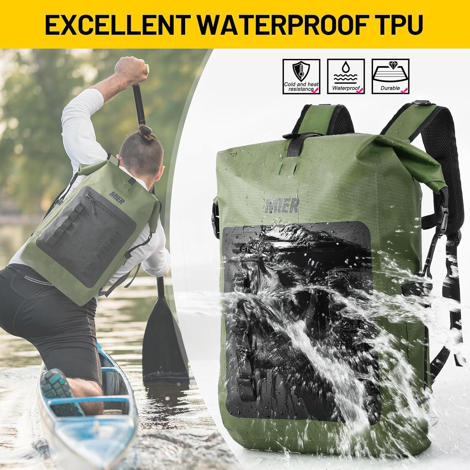 image:imageMIER Dry Bag Waterproof Backpack 30L Dry Sack Heavy Duty RollTop Closure for Kayaking Beach Boating Swimming SurfingArmy GreenBlack
