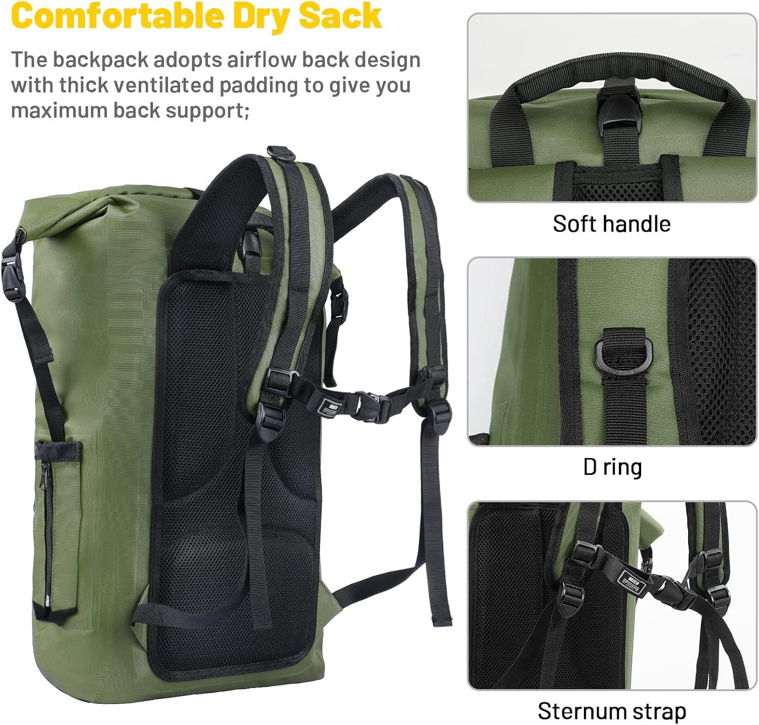 image:imageMIER Dry Bag Waterproof Backpack 30L Dry Sack Heavy Duty RollTop Closure for Kayaking Beach Boating Swimming SurfingArmy GreenBlack