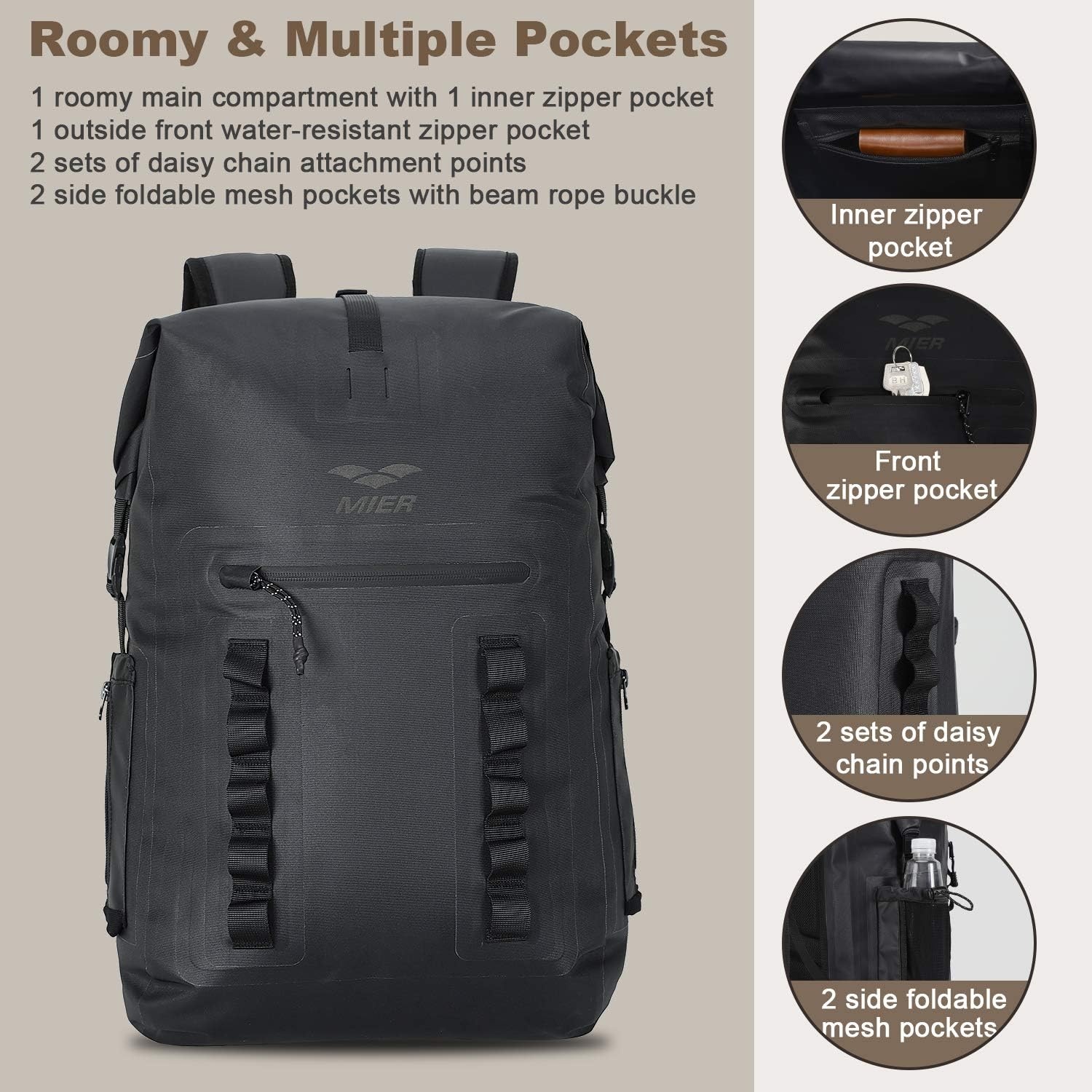 image:imageMIER Dry Bag Waterproof Backpack 30L Dry Sack Heavy Duty RollTop Closure for Kayaking Beach Boating Swimming SurfingBlack