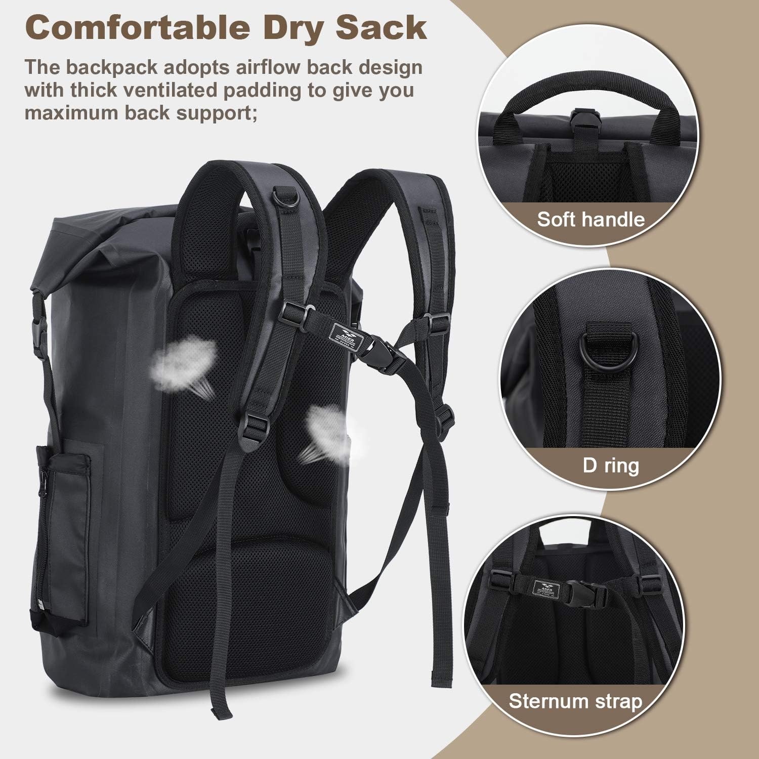image:imageMIER Dry Bag Waterproof Backpack 30L Dry Sack Heavy Duty RollTop Closure for Kayaking Beach Boating Swimming SurfingBlack