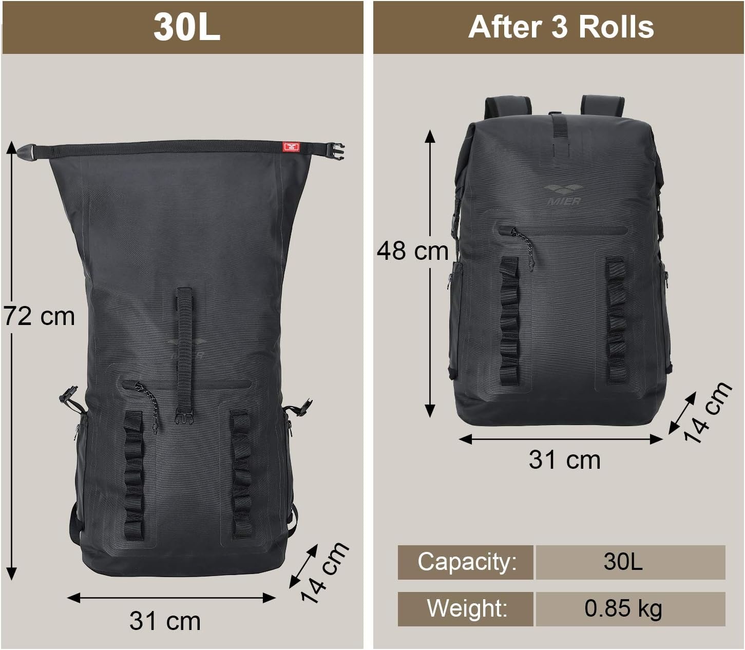 image:imageMIER Dry Bag Waterproof Backpack 30L Dry Sack Heavy Duty RollTop Closure for Kayaking Beach Boating Swimming SurfingBlack