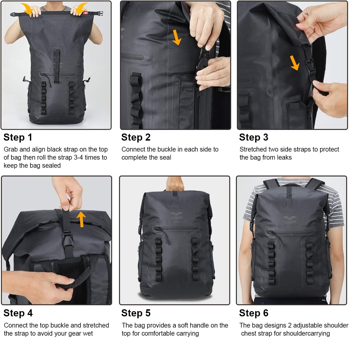 image:imageMIER Dry Bag Waterproof Backpack 30L Dry Sack Heavy Duty RollTop Closure for Kayaking Beach Boating Swimming SurfingBlack