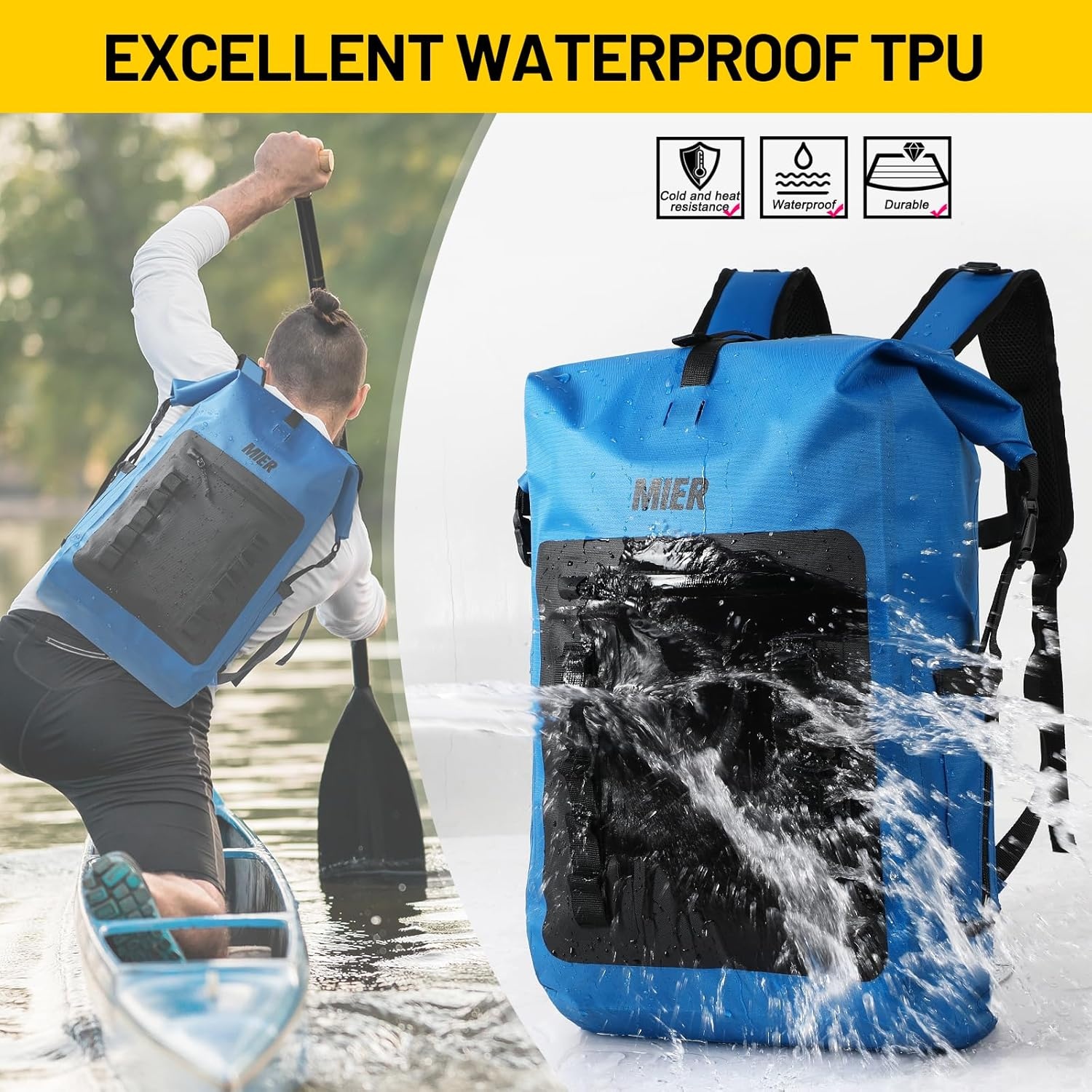 image:imageMIER Dry Bag Waterproof Backpack 30L Dry Sack Heavy Duty RollTop Closure for Kayaking Beach Boating Swimming SurfingBlue