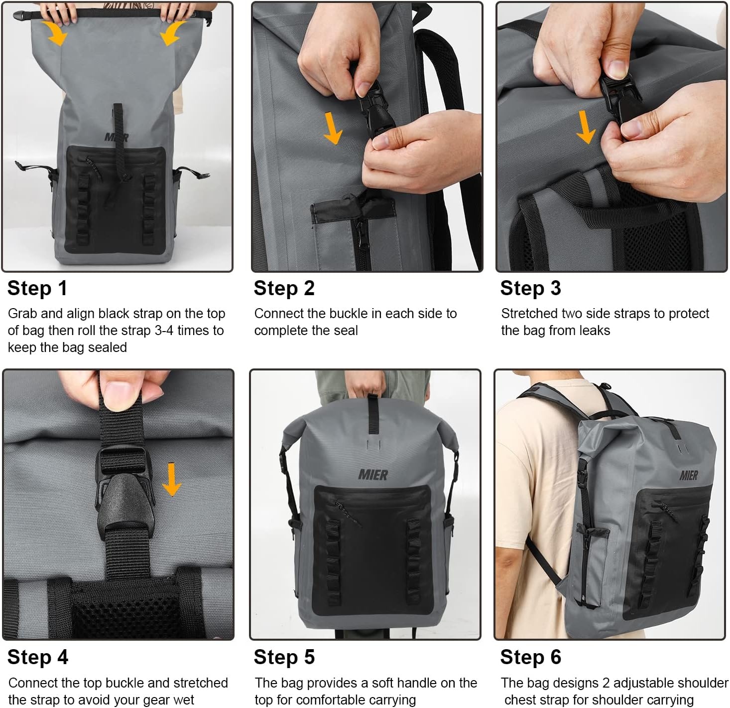 image:imageMIER Dry Bag Waterproof Backpack 30L Dry Sack Heavy Duty RollTop Closure for Kayaking Beach Boating Swimming SurfingDark Gray