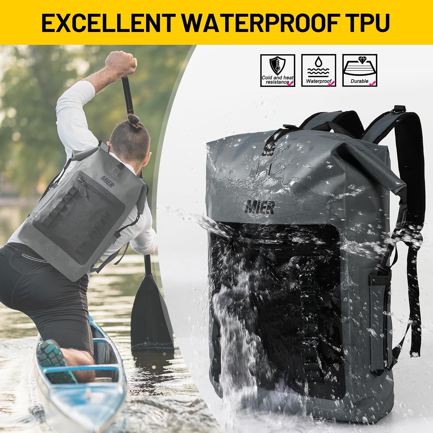 image:imageMIER Dry Bag Waterproof Backpack 30L Dry Sack Heavy Duty RollTop Closure for Kayaking Beach Boating Swimming SurfingDark Gray
